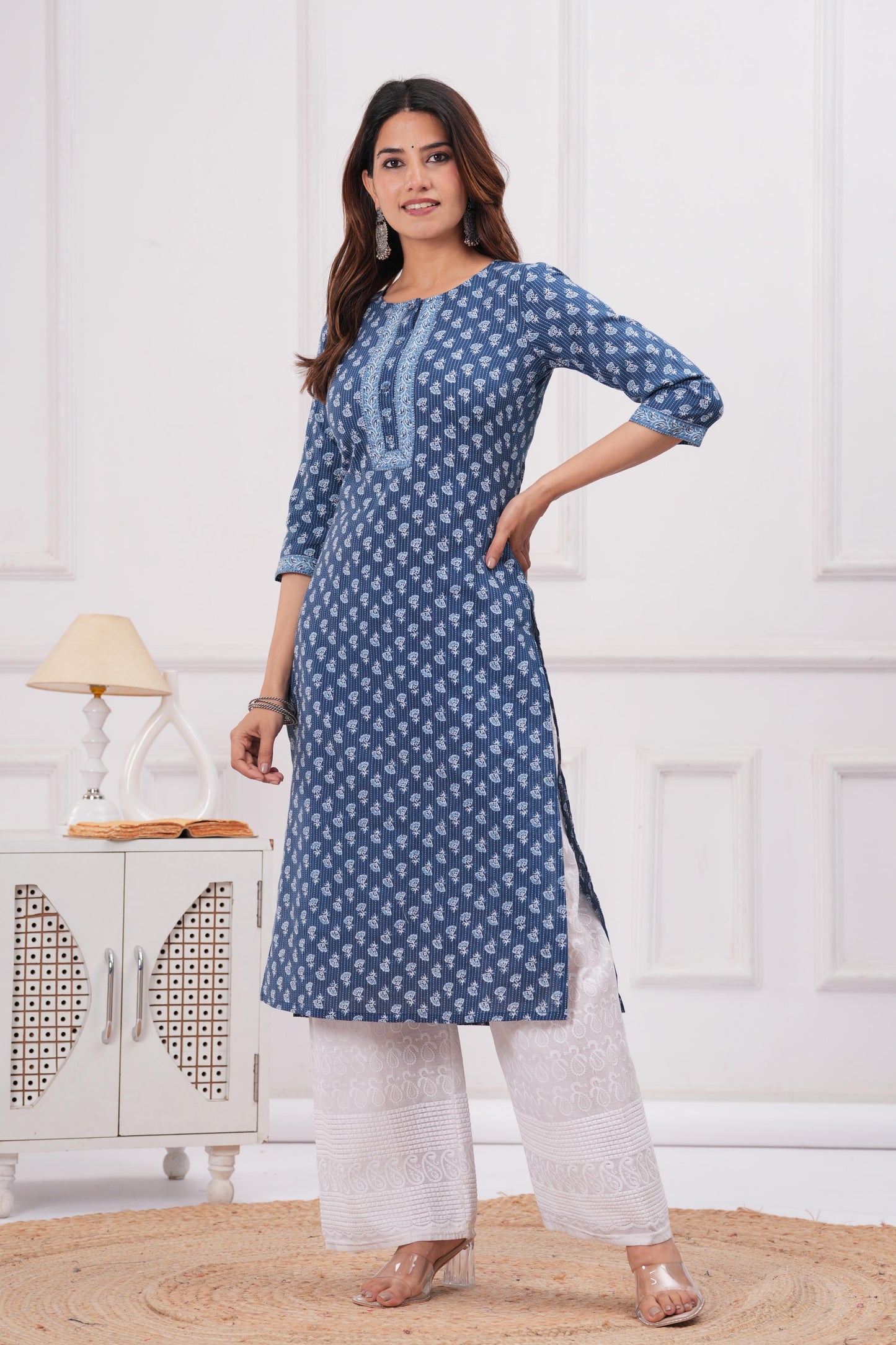 Women Blue Printed Straight Kurta with Three Quarter Sleeves | LASVINI - Redefining Indian Fashion with Elegance