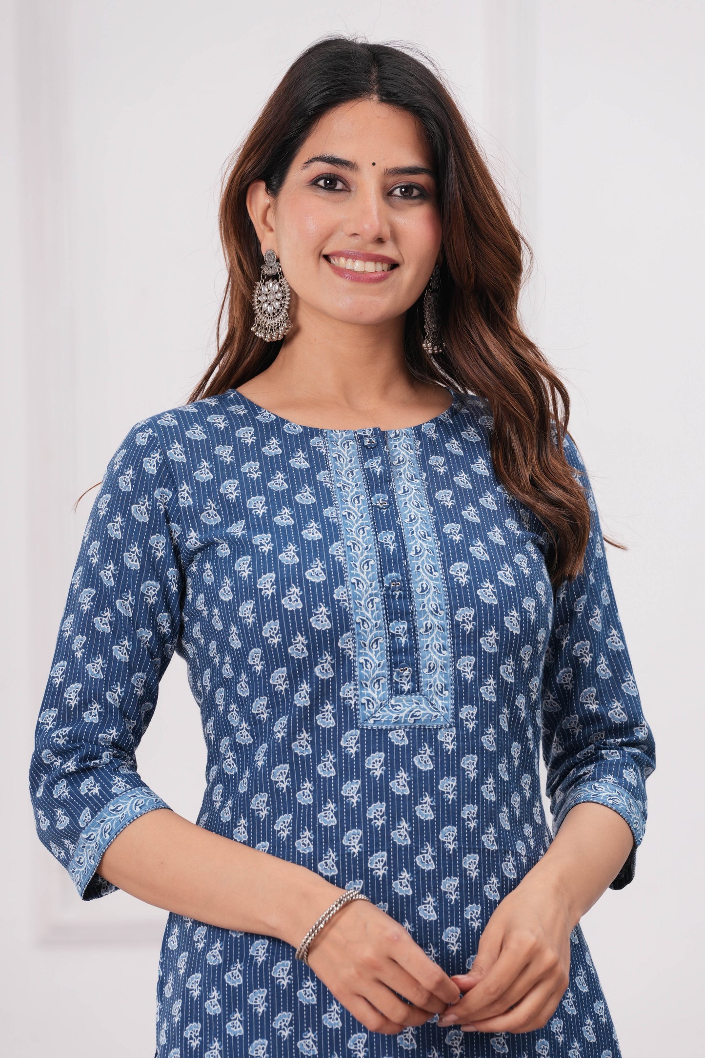 Women Blue Printed Straight Kurta with Three Quarter Sleeves | LASVINI - Redefining Indian Fashion with Elegance