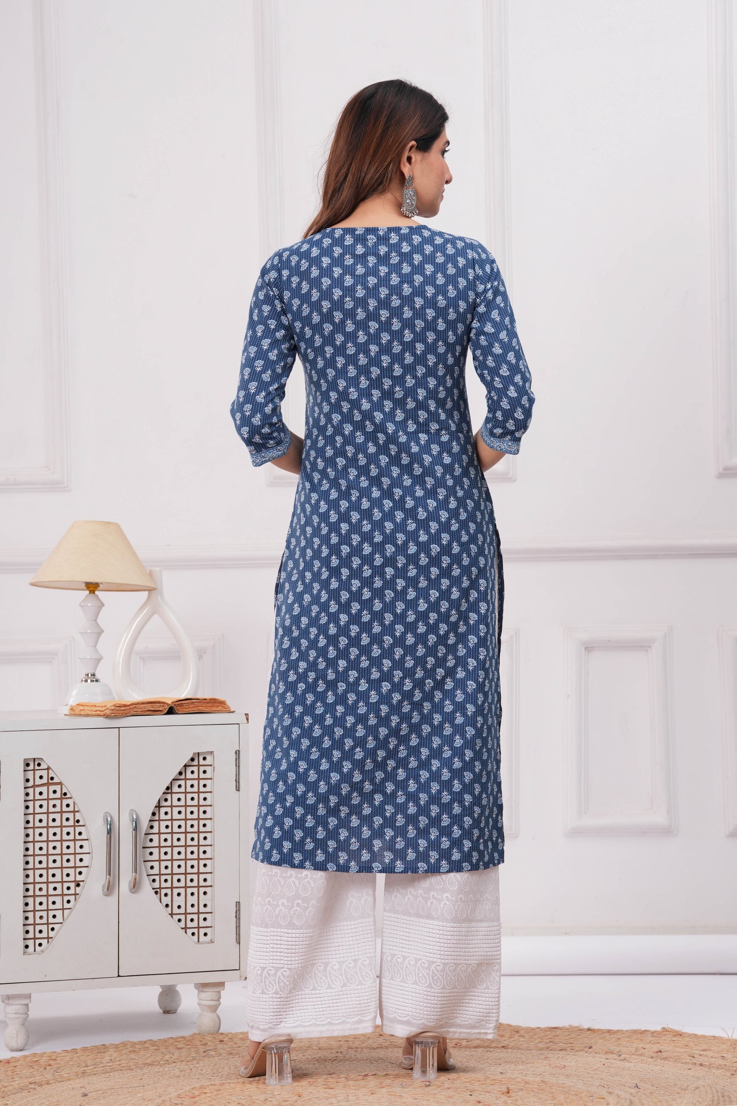 Women Blue Printed Straight Kurta with Three Quarter Sleeves | LASVINI - Redefining Indian Fashion with Elegance