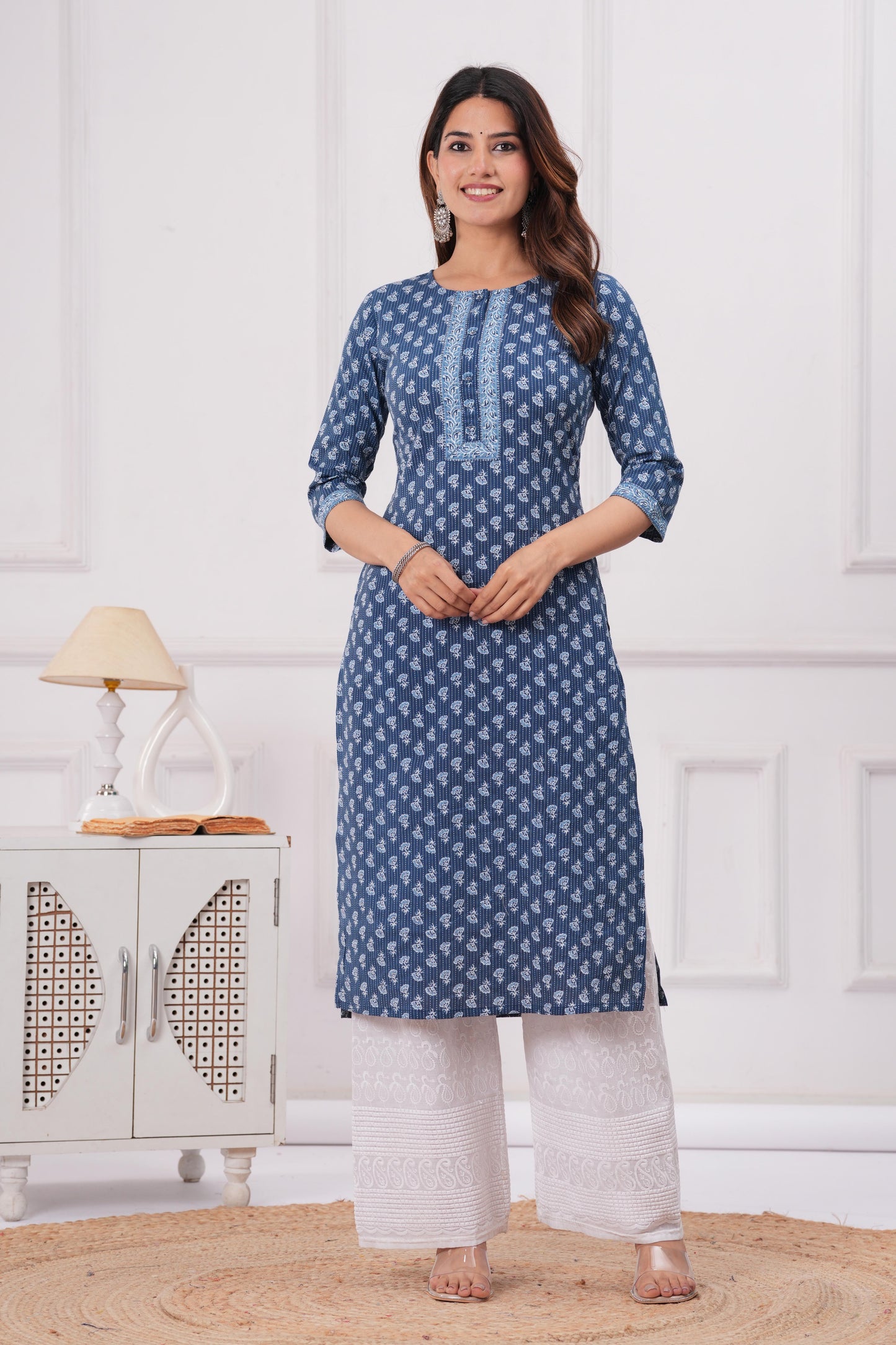 Women Blue Printed Straight Kurta with Three Quarter Sleeves | LASVINI - Redefining Indian Fashion with Elegance