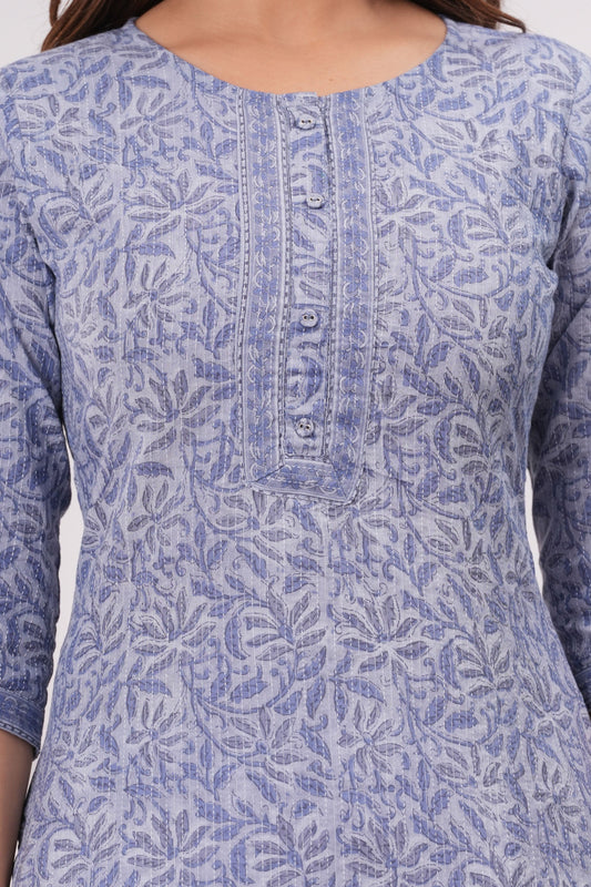 Women Blue Printed Straight Kurta with Three Quarter Sleeves | LASVINI - Redefining Indian Fashion with Elegance