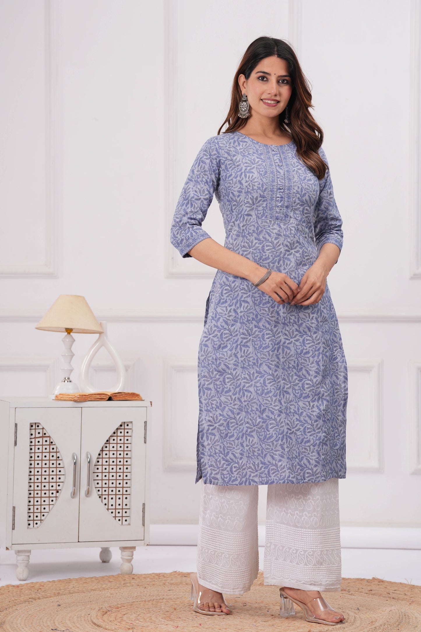 Women Blue Printed Straight Kurta with Three Quarter Sleeves | LASVINI - Redefining Indian Fashion with Elegance