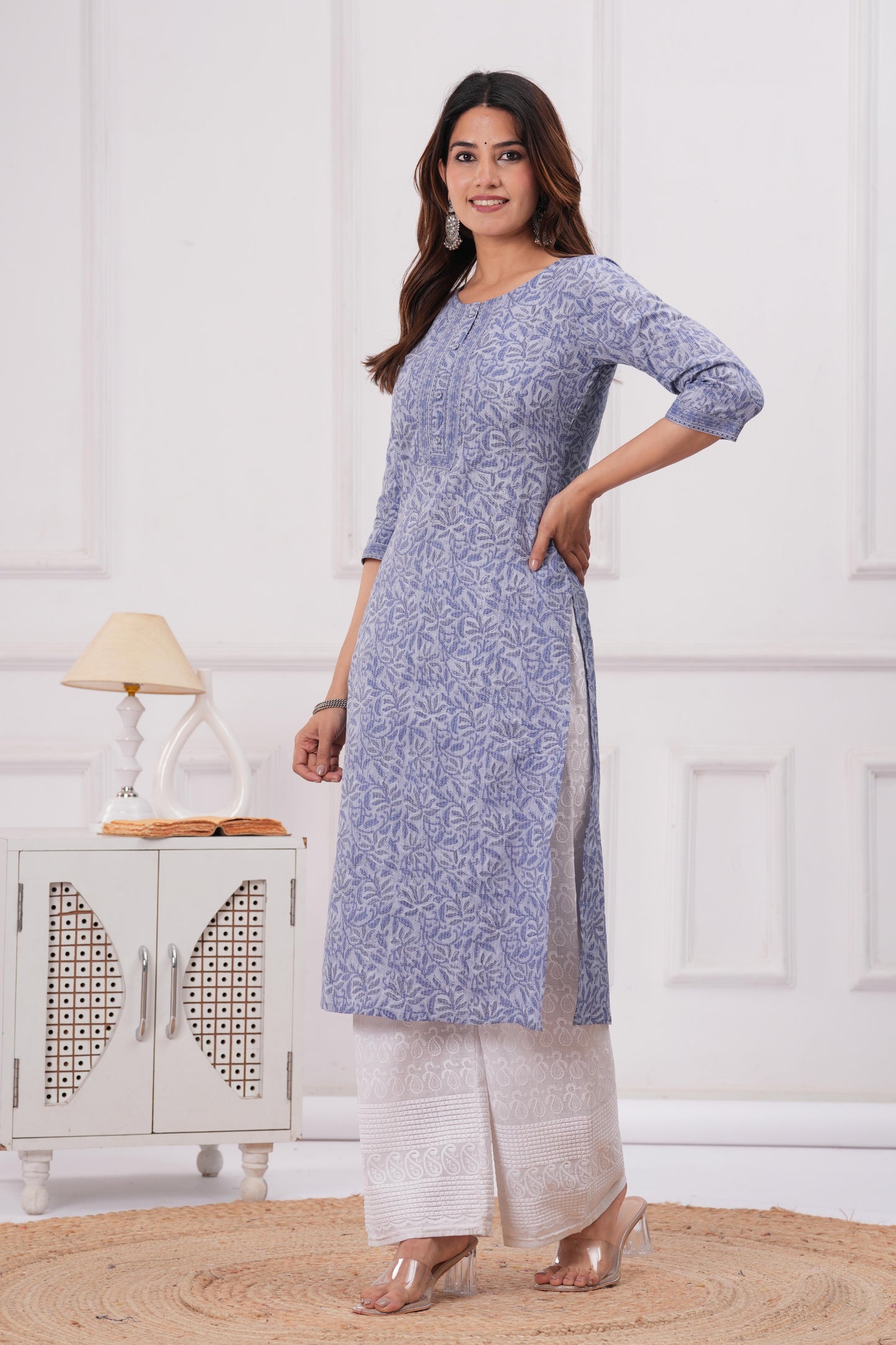 Women Blue Printed Straight Kurta with Three Quarter Sleeves | LASVINI - Redefining Indian Fashion with Elegance