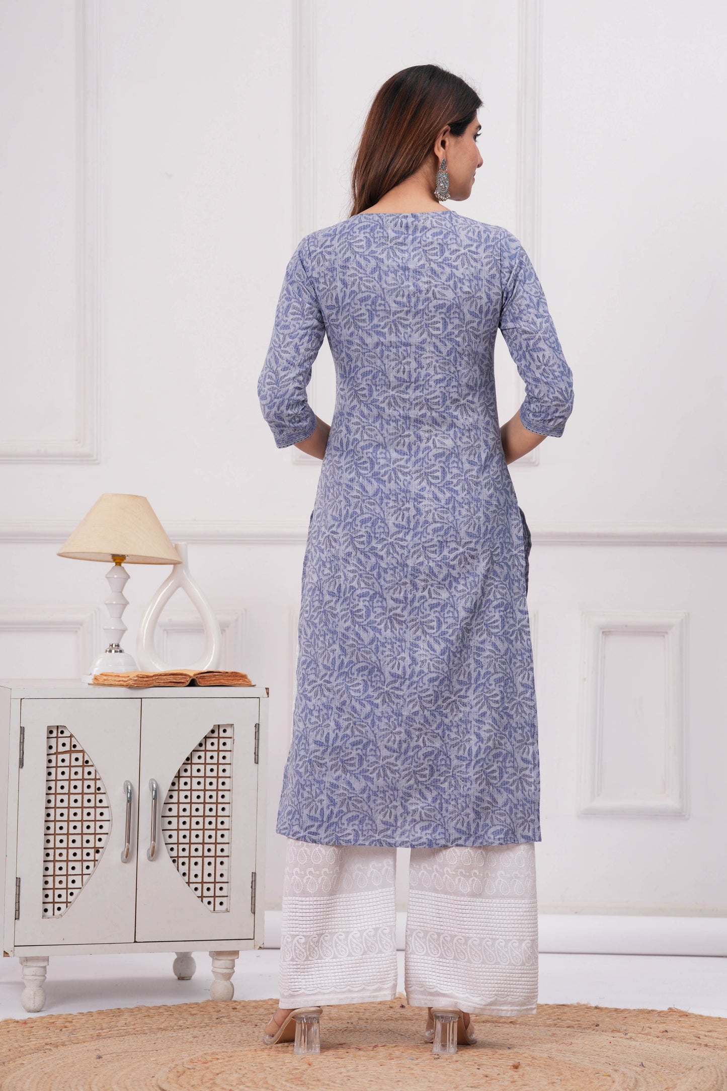 Women Blue Printed Straight Kurta with Three Quarter Sleeves | LASVINI - Redefining Indian Fashion with Elegance