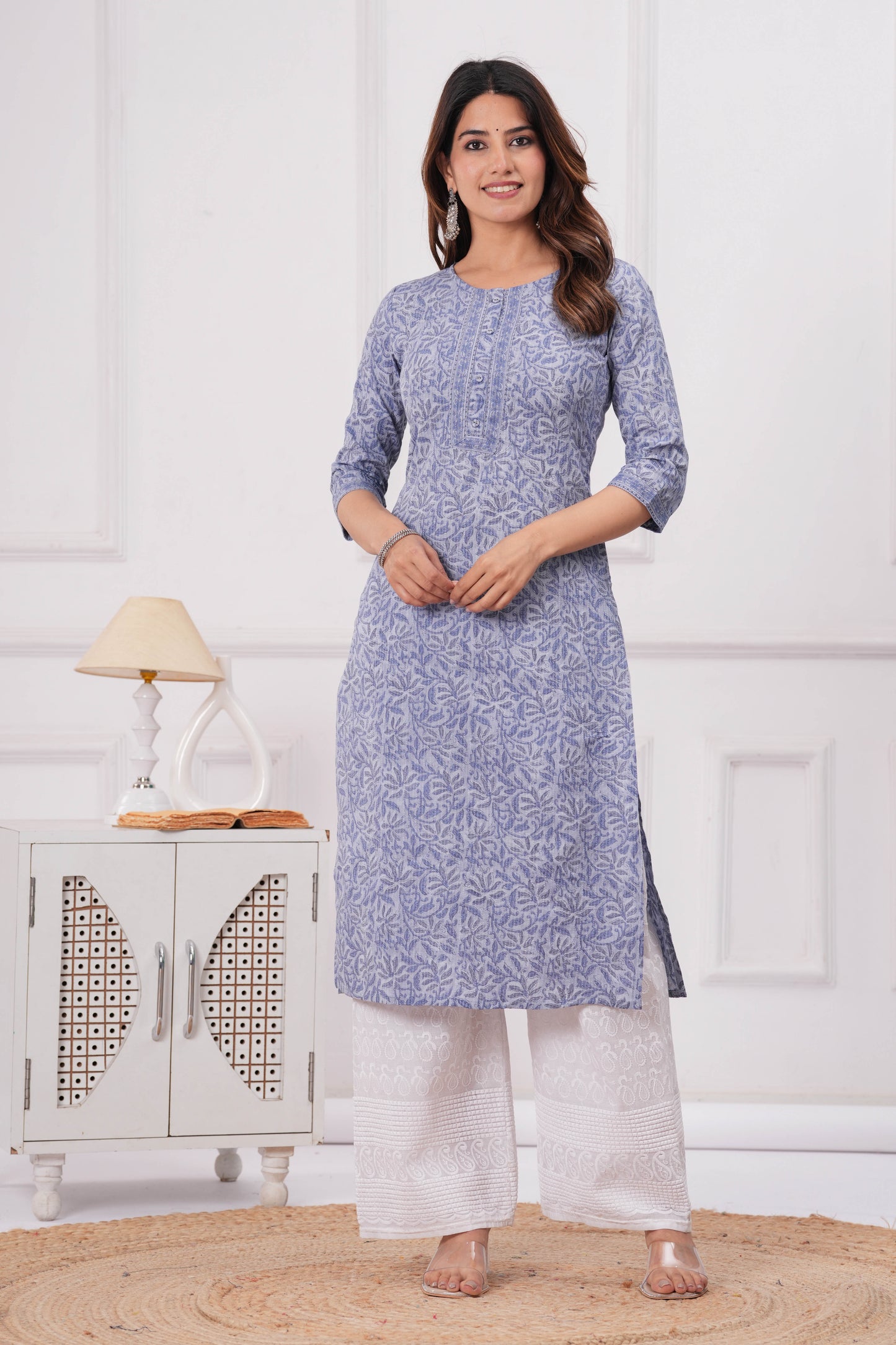 Women Blue Printed Straight Kurta with Three Quarter Sleeves | LASVINI - Redefining Indian Fashion with Elegance