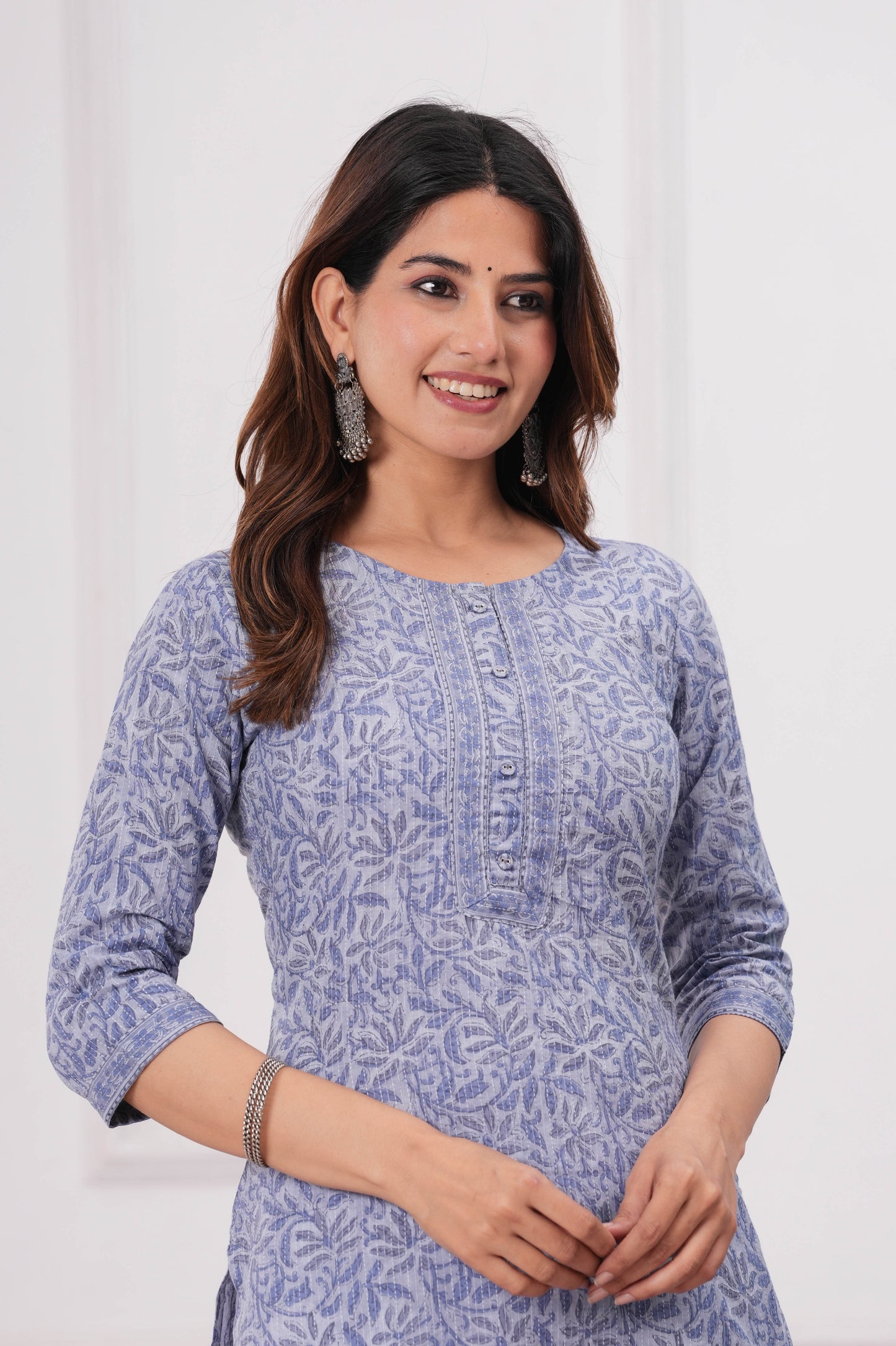 Women Blue Printed Straight Kurta with Three Quarter Sleeves | LASVINI - Redefining Indian Fashion with Elegance
