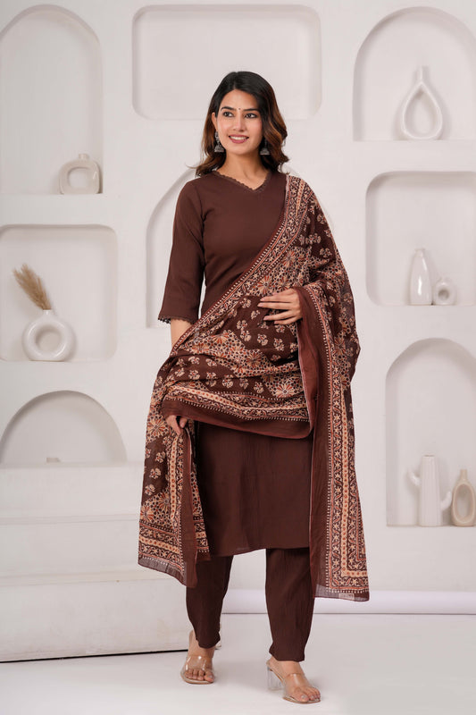 Brown Solid Kurta Set With Printed Dupatta For Women | LASVINI - Redefining Indian Fashion with Elegance