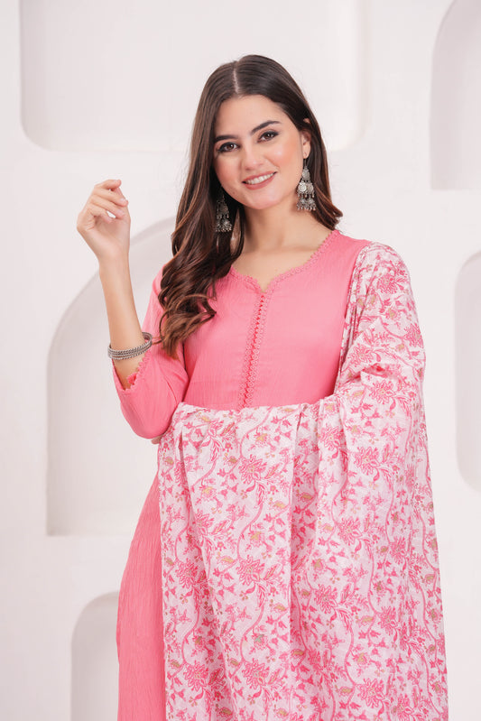 Pink Solid Kurta Set With Printed Dupatta For Women | LASVINI - Redefining Indian Fashion with Elegance