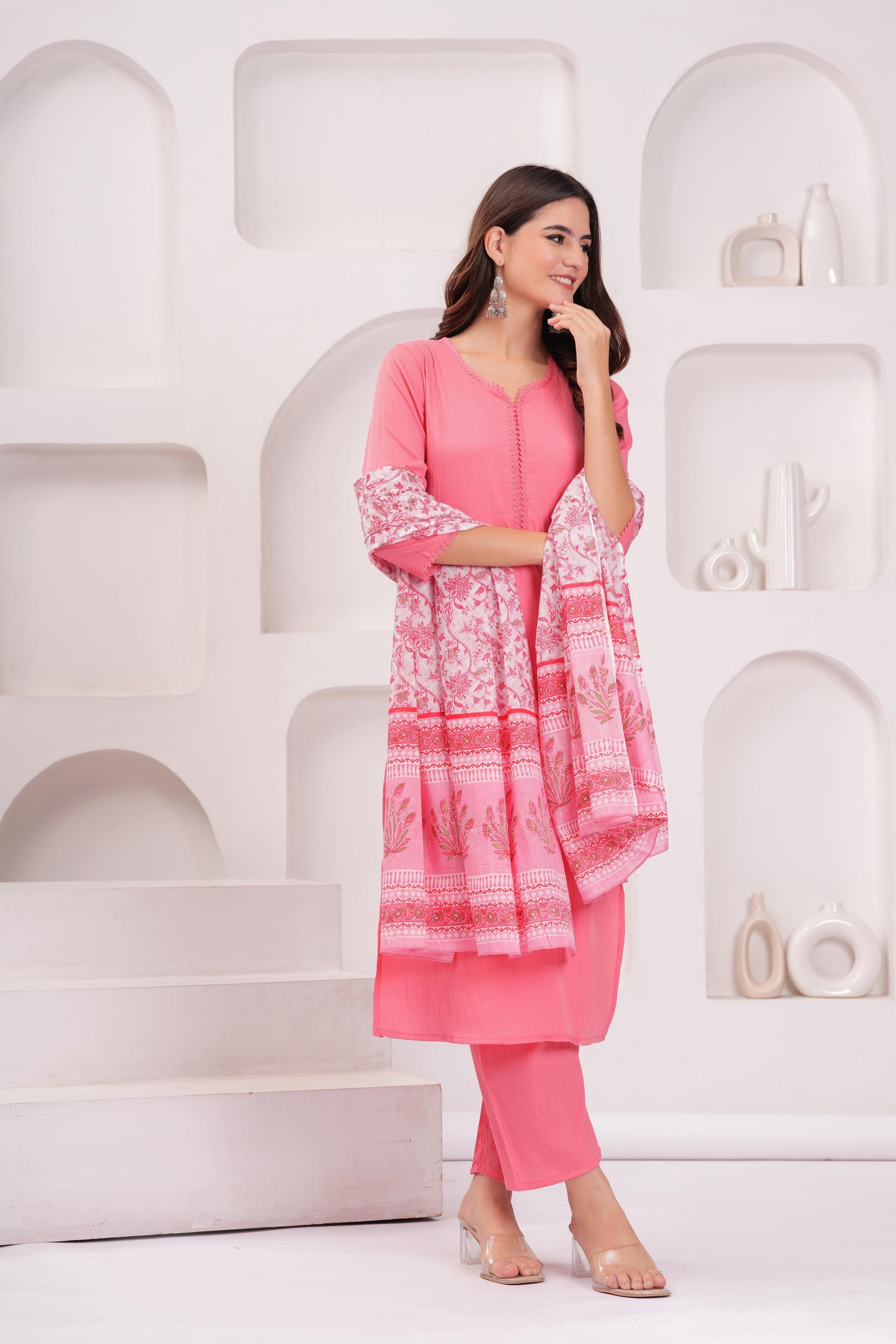 Pink Solid Kurta Set With Printed Dupatta For Women | LASVINI - Redefining Indian Fashion with Elegance
