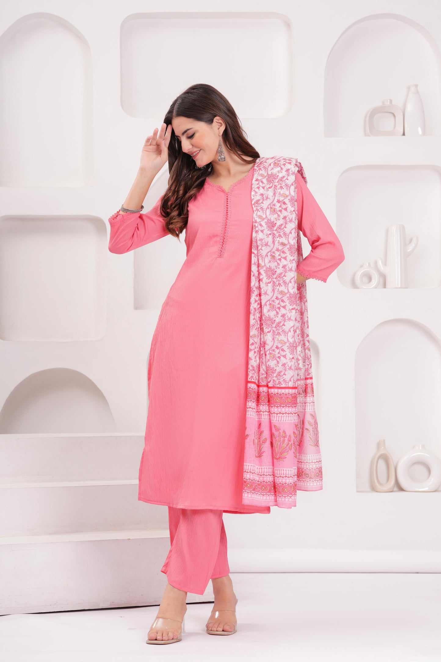 Pink Solid Kurta Set With Printed Dupatta For Women | LASVINI - Redefining Indian Fashion with Elegance