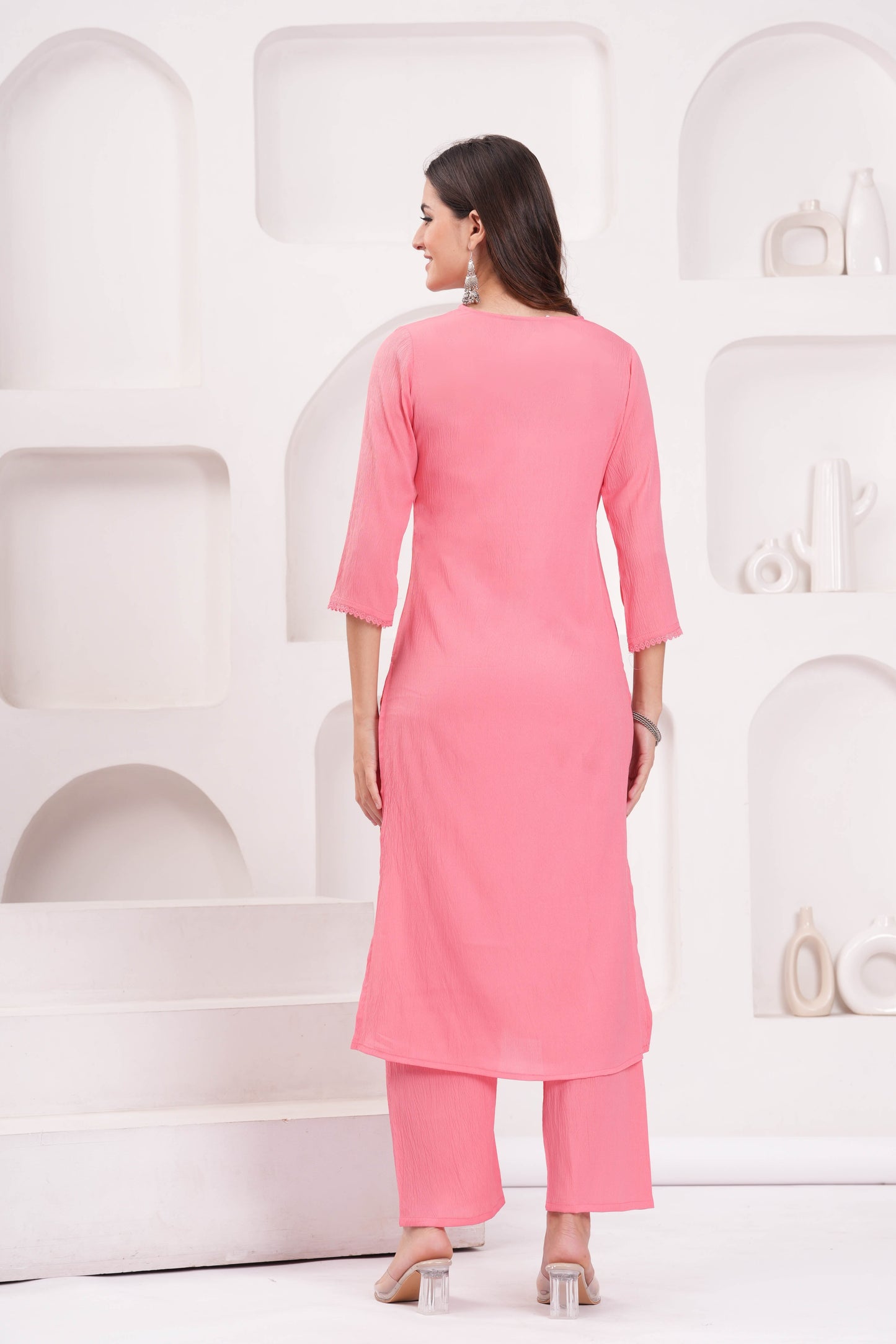 Pink Solid Kurta Set With Printed Dupatta For Women | LASVINI - Redefining Indian Fashion with Elegance