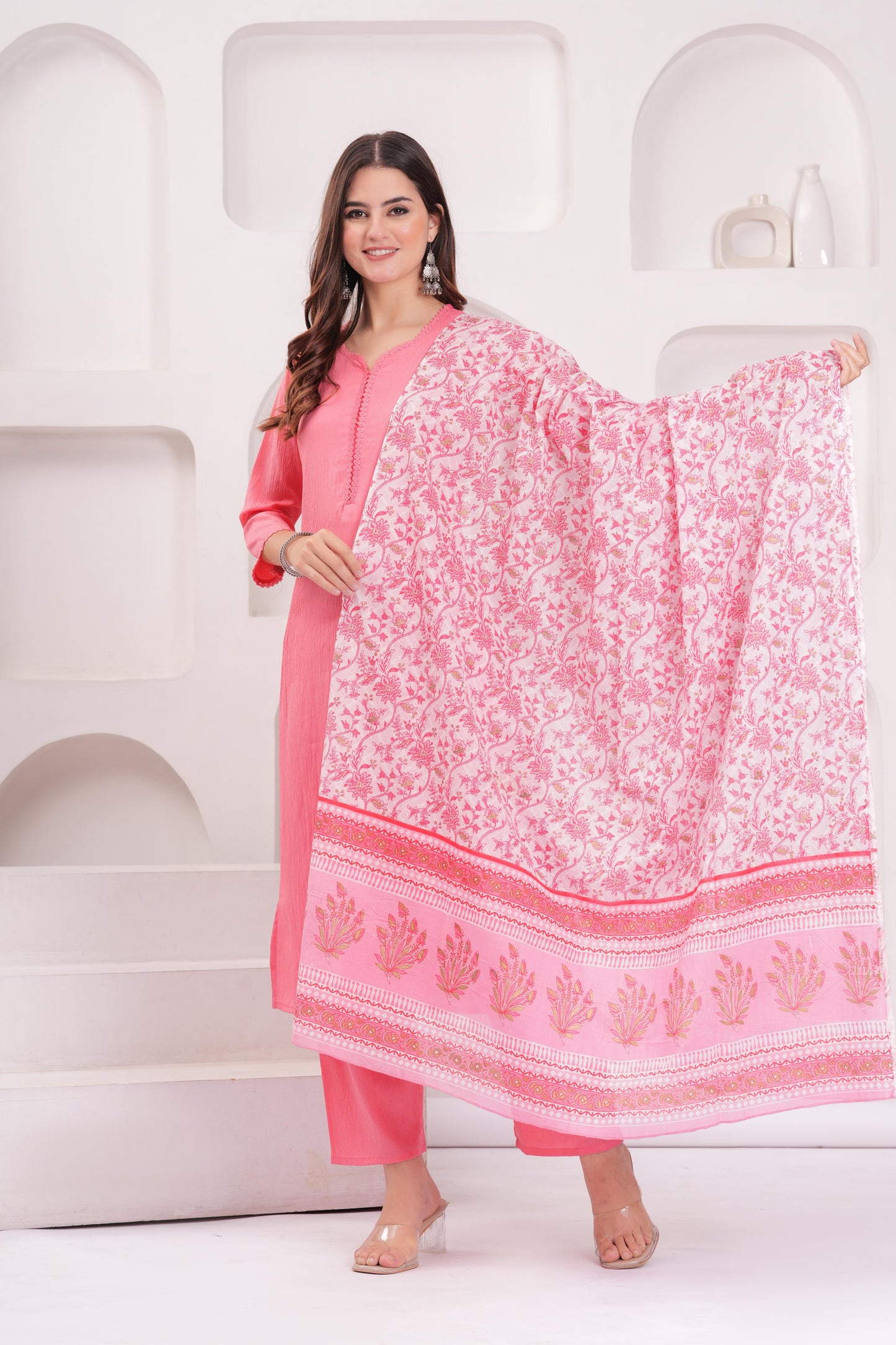 Pink Solid Kurta Set With Printed Dupatta For Women | LASVINI - Redefining Indian Fashion with Elegance