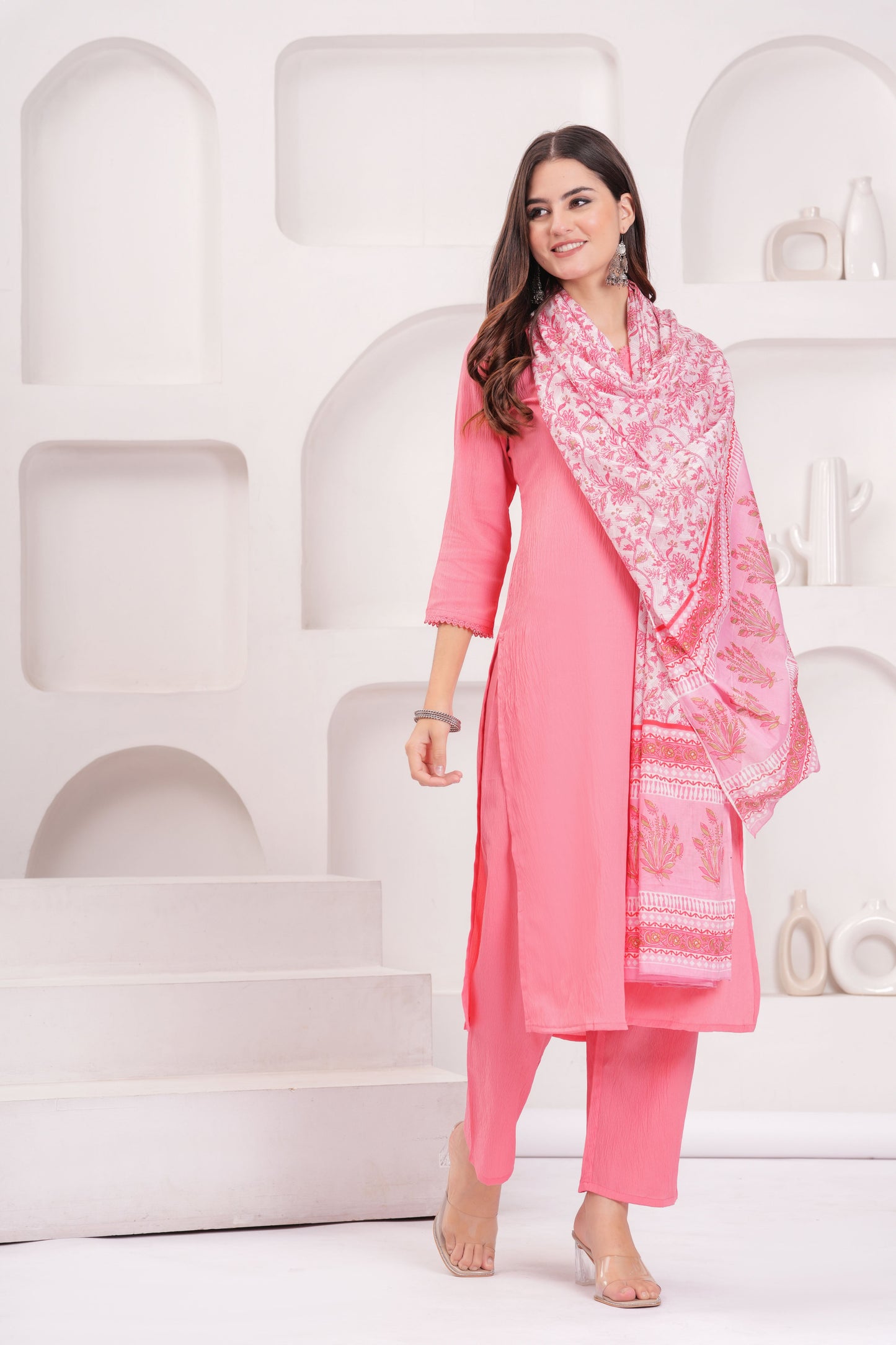 Pink Solid Kurta Set With Printed Dupatta For Women | LASVINI - Redefining Indian Fashion with Elegance