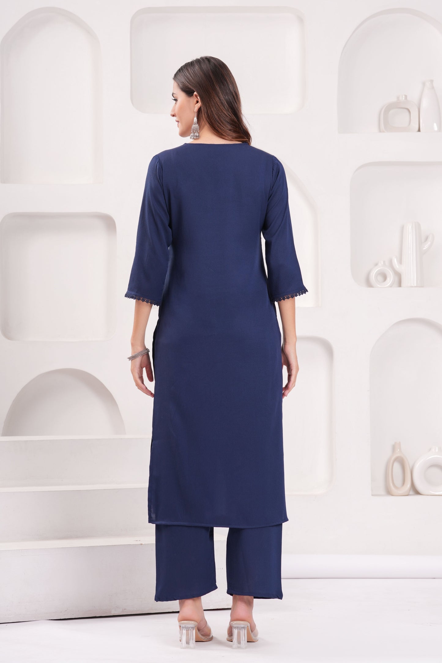 Navy Blue Solid Kurta Set With Printed Dupatta For Women | LASVINI - Redefining Indian Fashion with Elegance