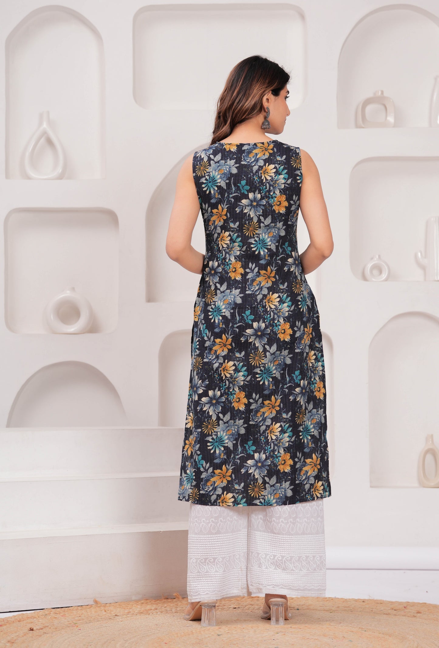 Women Navy Blue Printed Straight Sleeveless Kurta | LASVINI - Redefining Indian Fashion with Elegance