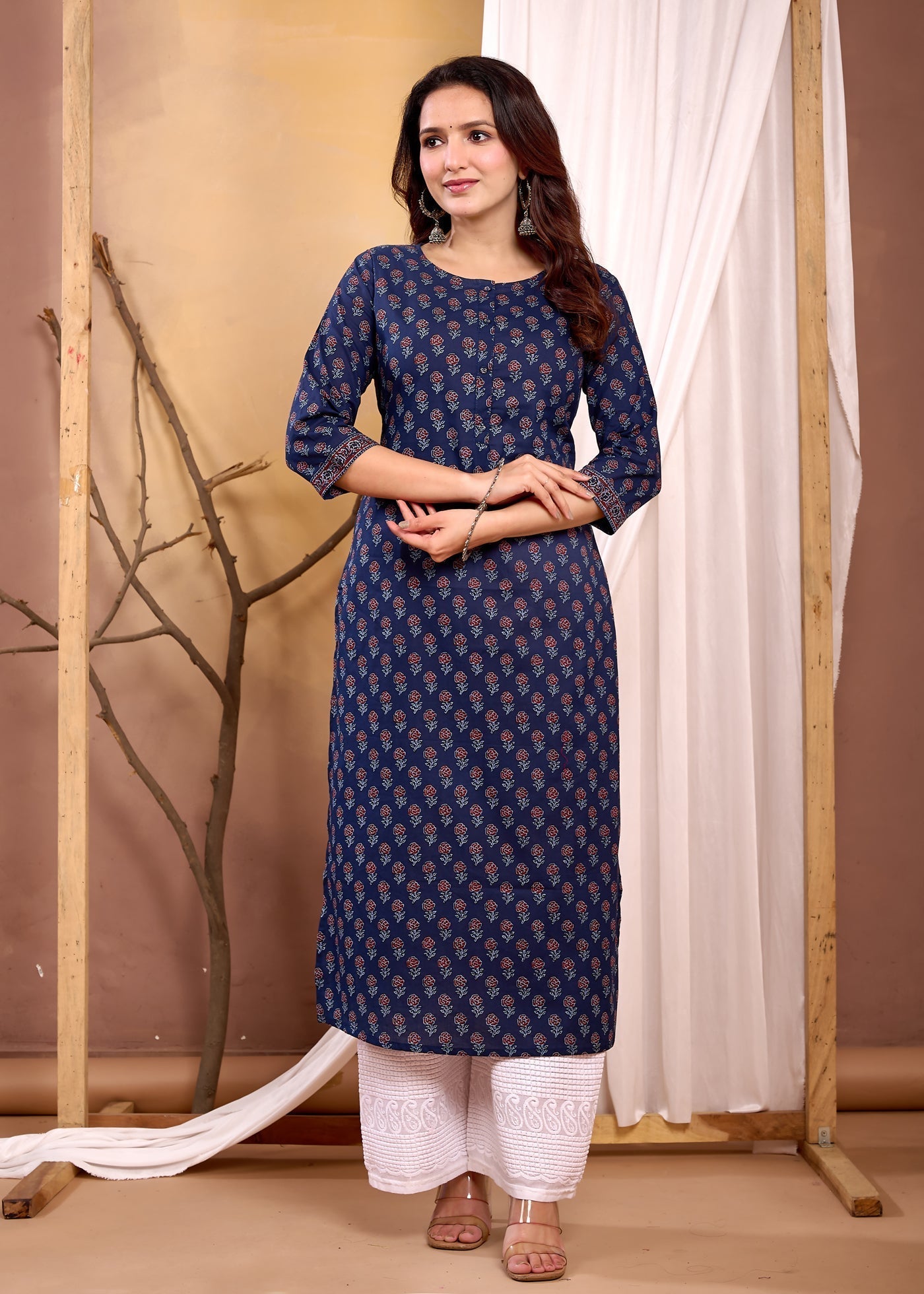 Women Navy Blue Printed Straight Kurta with Three Quarter Sleeves | LASVINI - Redefining Indian Fashion with Elegance