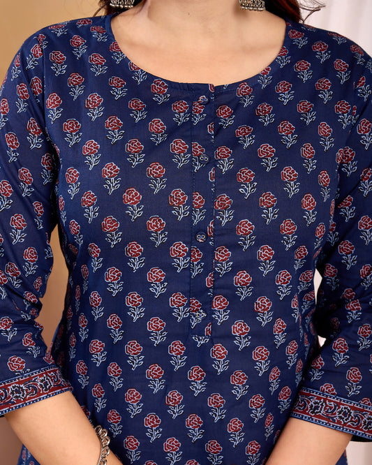 Women Navy Blue Printed Straight Kurta with Three Quarter Sleeves | LASVINI - Redefining Indian Fashion with Elegance