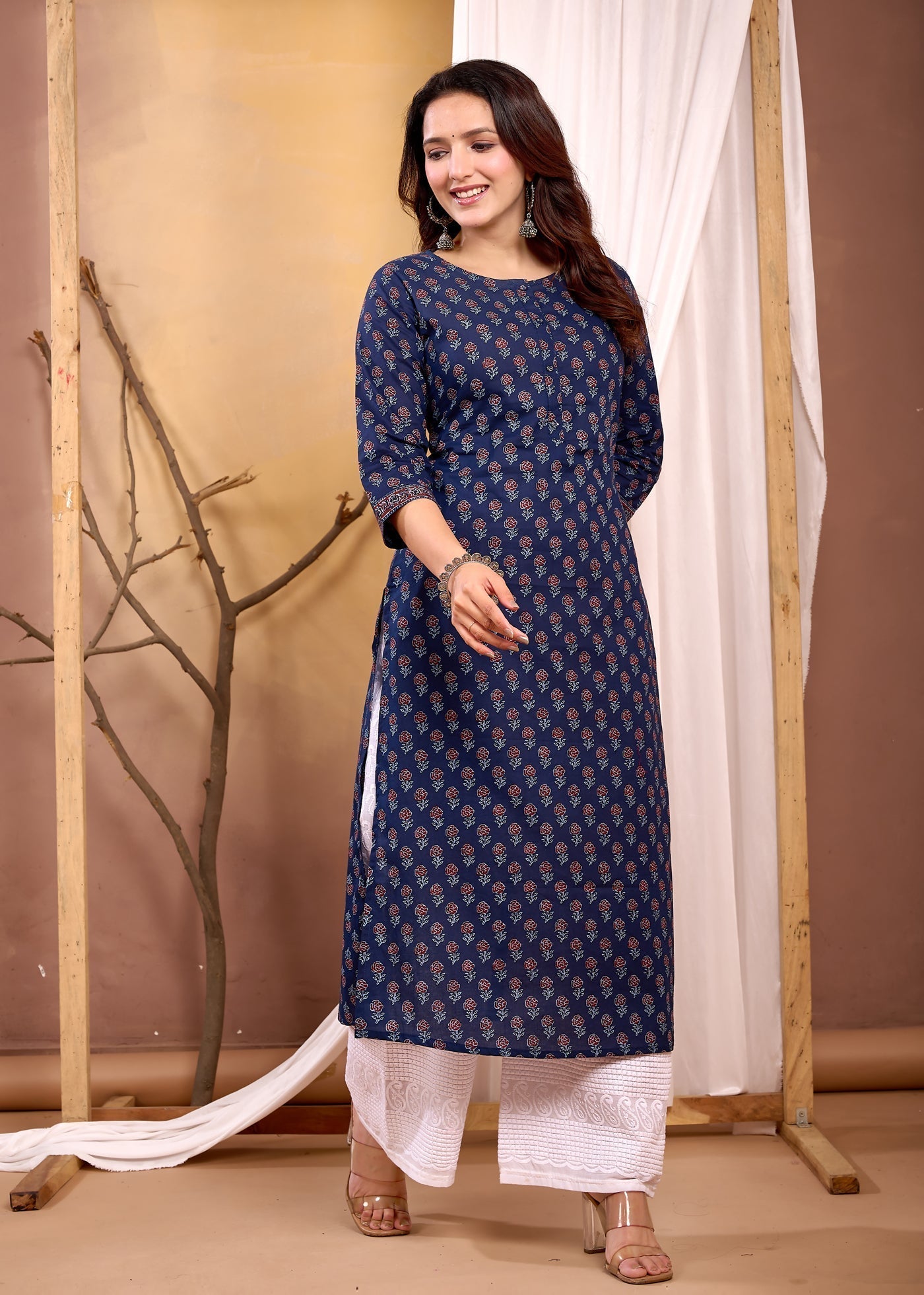 Women Navy Blue Printed Straight Kurta with Three Quarter Sleeves | LASVINI - Redefining Indian Fashion with Elegance