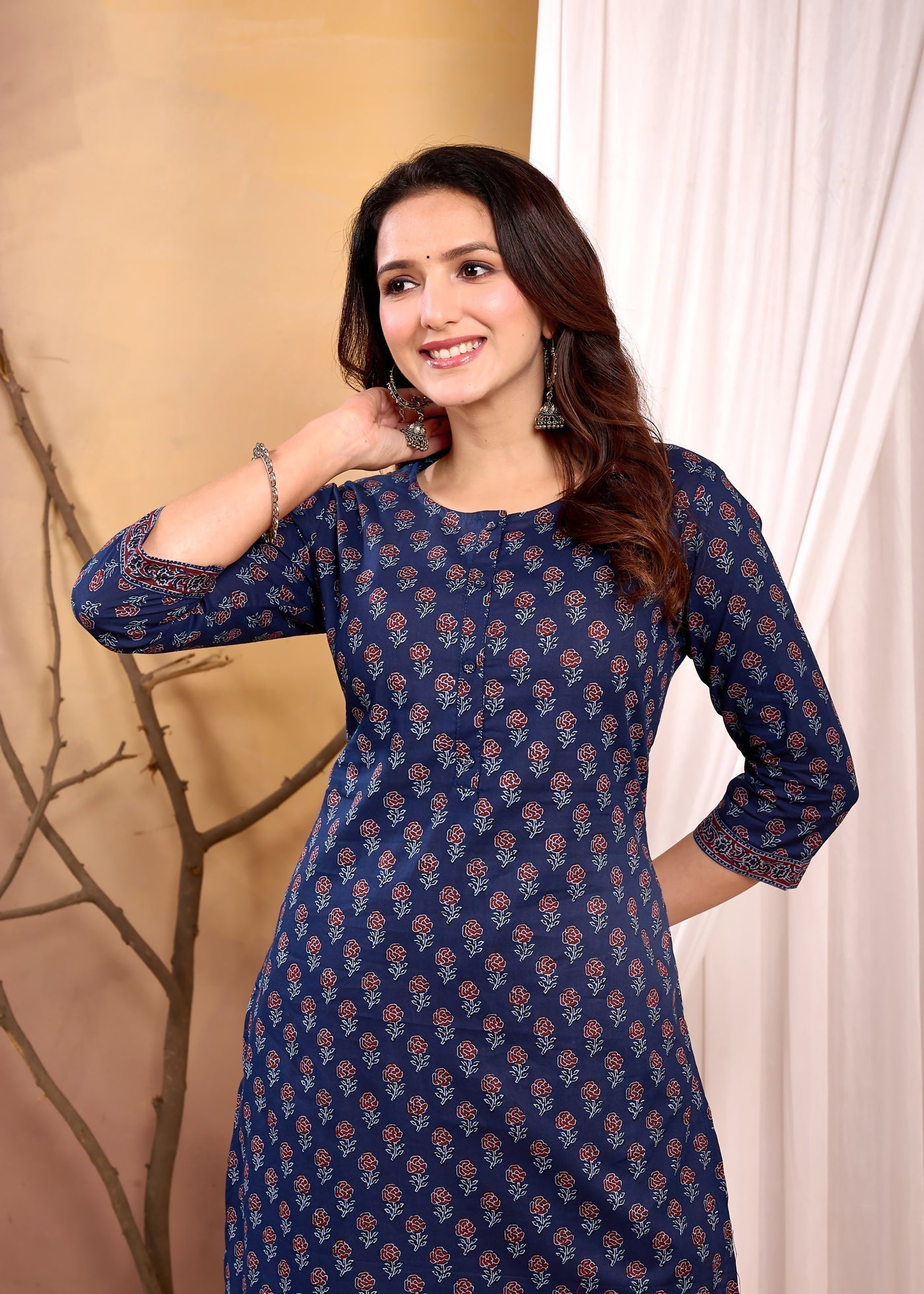 Women Navy Blue Printed Straight Kurta with Three Quarter Sleeves | LASVINI - Redefining Indian Fashion with Elegance