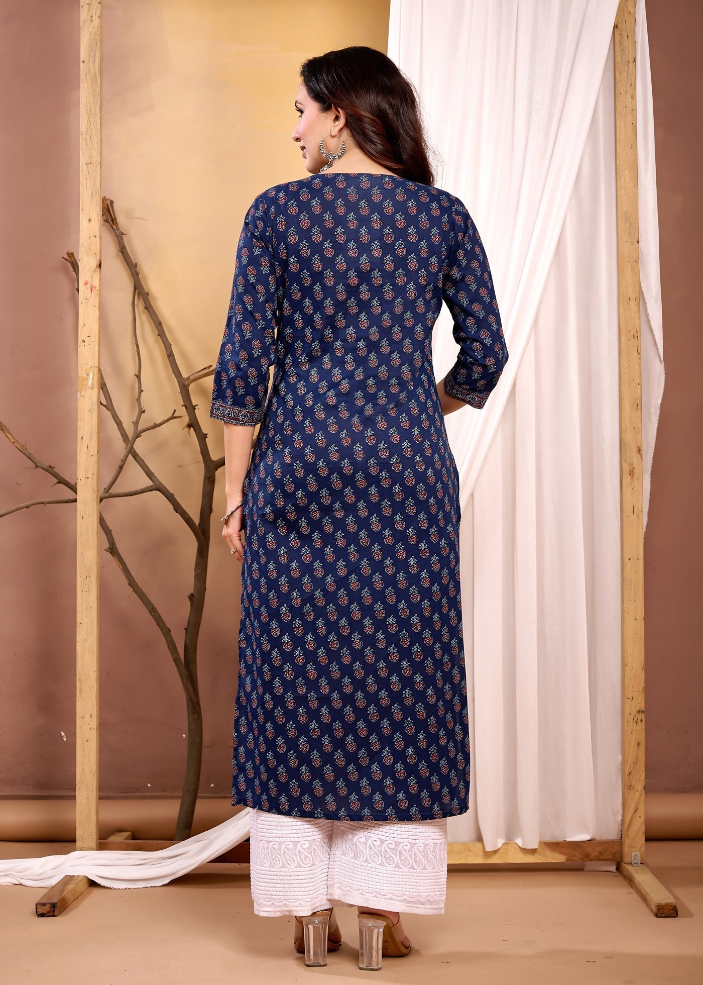 Women Navy Blue Printed Straight Kurta with Three Quarter Sleeves | LASVINI - Redefining Indian Fashion with Elegance