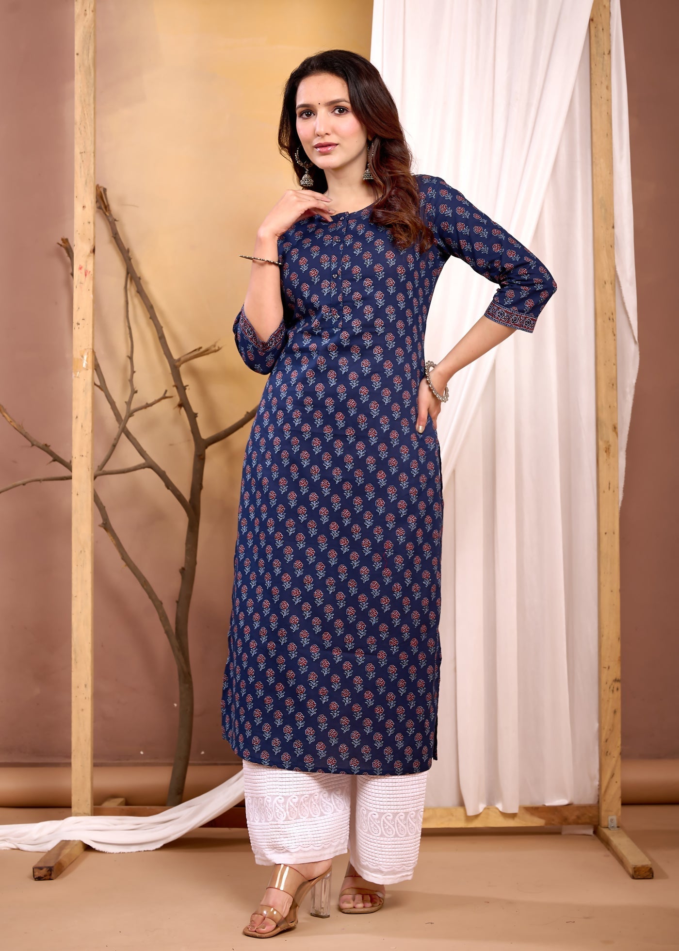 Women Navy Blue Printed Straight Kurta with Three Quarter Sleeves | LASVINI - Redefining Indian Fashion with Elegance