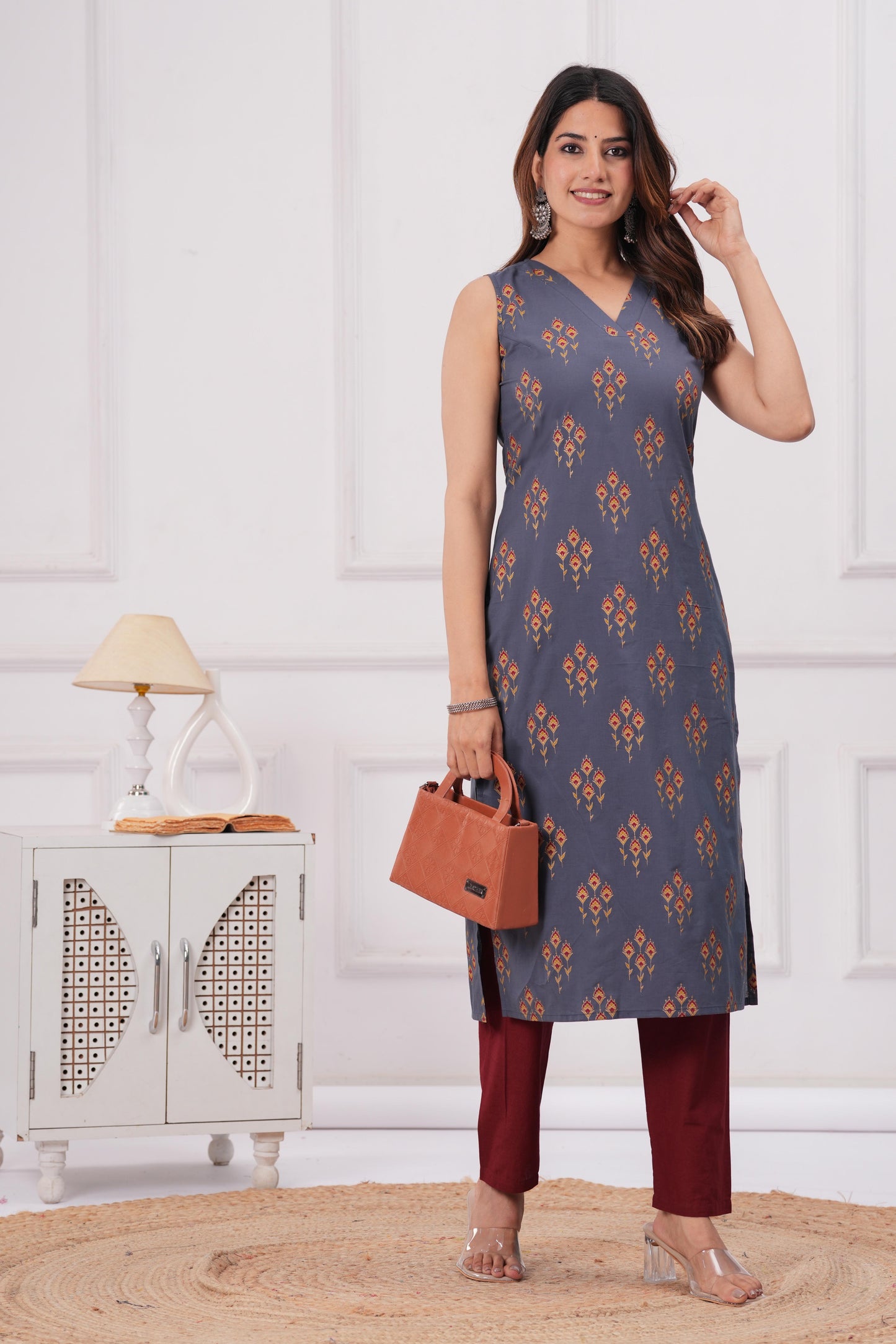Women Grey Printed Straight Sleeveless Kurta | LASVINI - Redefining Indian Fashion with Elegance