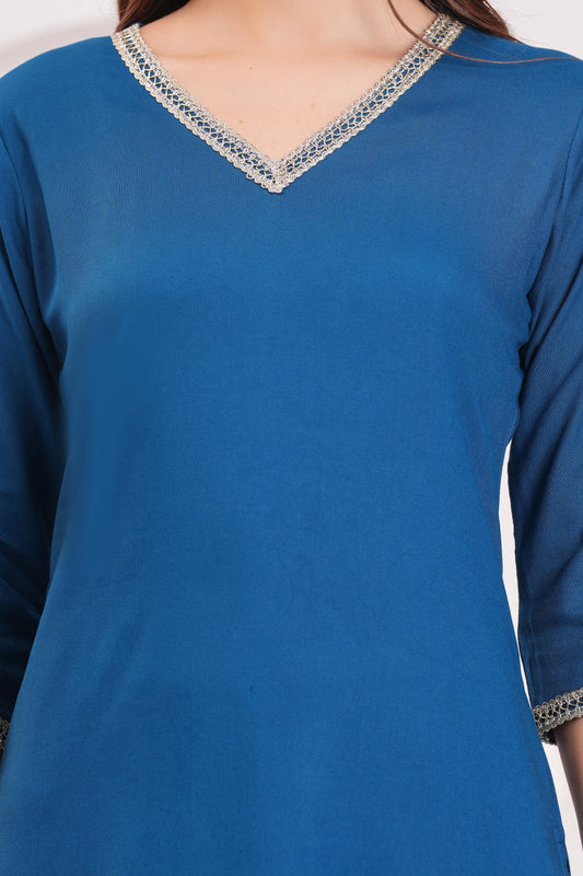 Teal Blue Solid Straight Kurta Set With Organza Dupatta for Women | LASVINI - Redefining Indian Fashion with Elegance