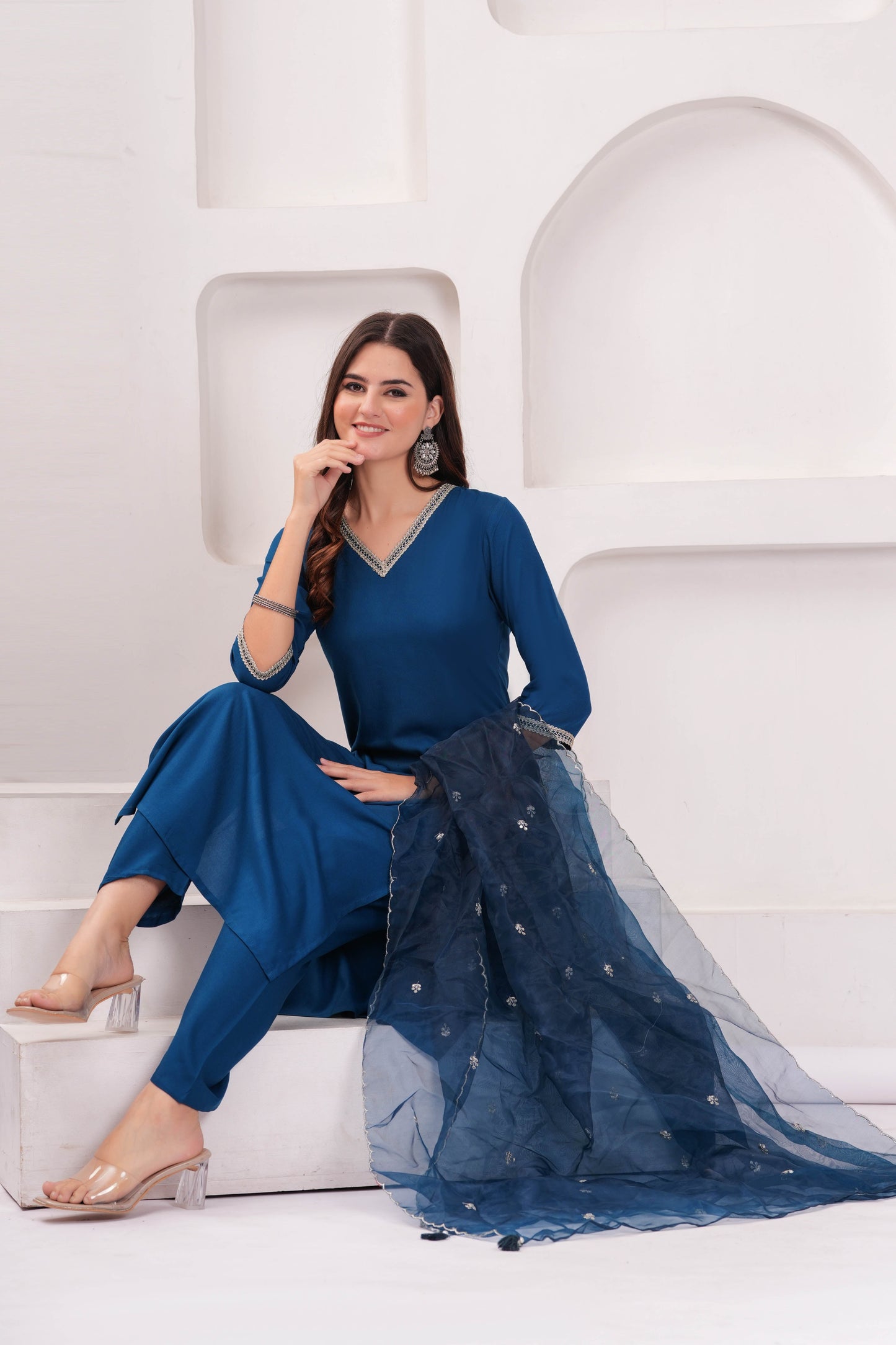 Teal Blue Solid Straight Kurta Set With Organza Dupatta for Women | LASVINI - Redefining Indian Fashion with Elegance