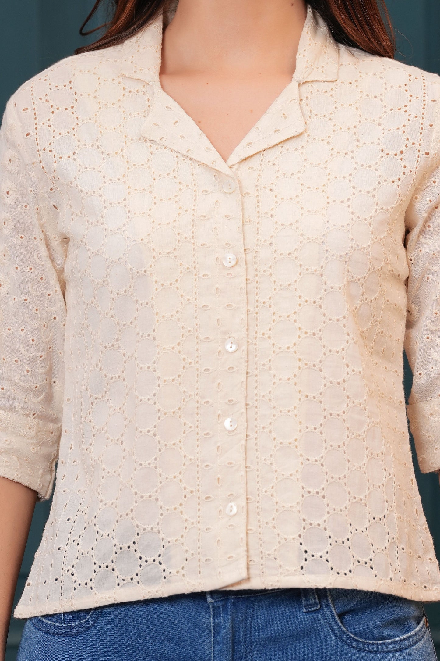 Women Off White Schiffli Cotton Straight Top | LASVINI - Redefining Indian Fashion with Elegance