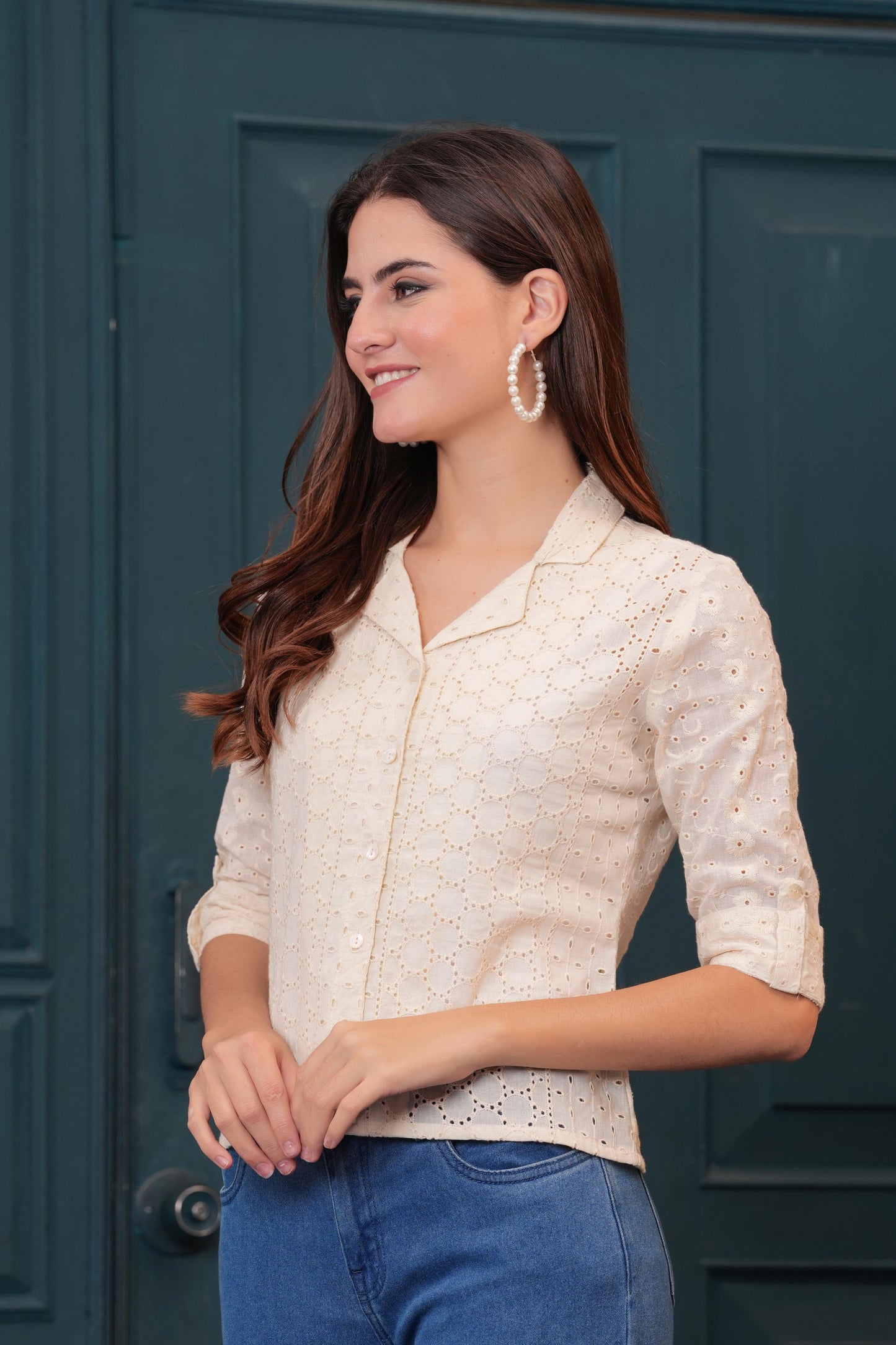 Women Off White Schiffli Cotton Straight Top | LASVINI - Redefining Indian Fashion with Elegance