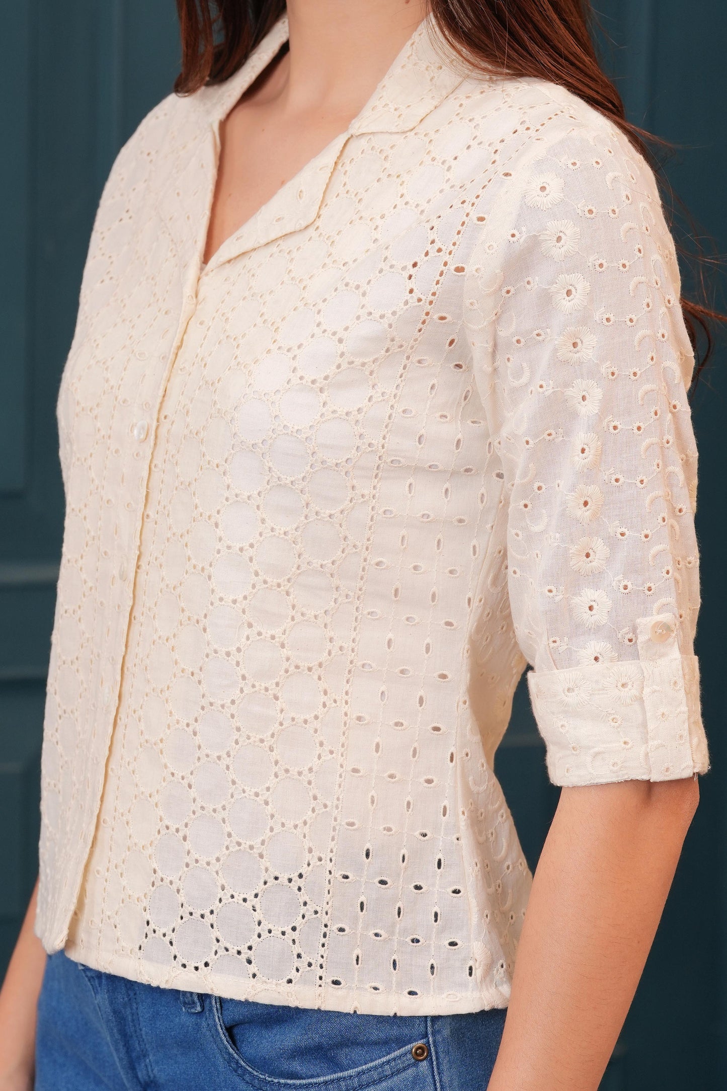 Women Off White Schiffli Cotton Straight Top | LASVINI - Redefining Indian Fashion with Elegance
