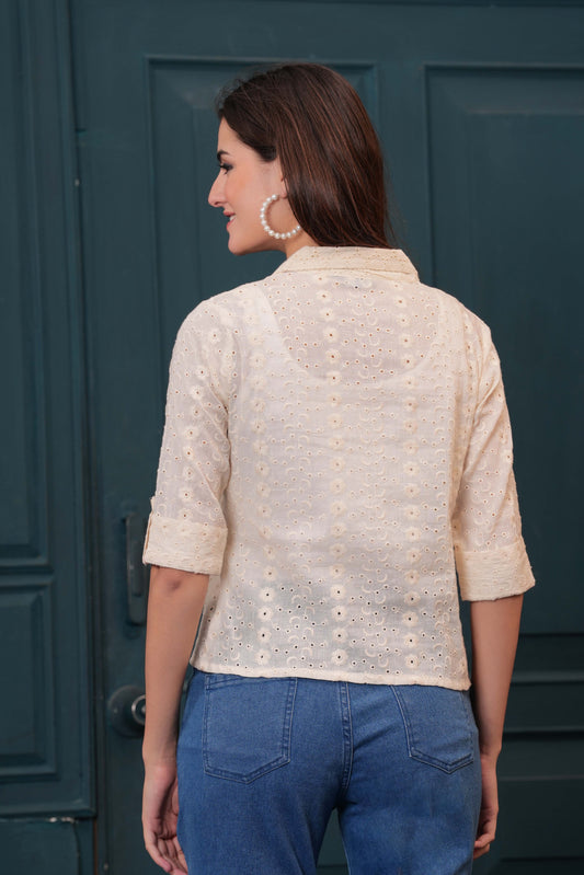 Women Off White Schiffli Cotton Straight Top | LASVINI - Redefining Indian Fashion with Elegance