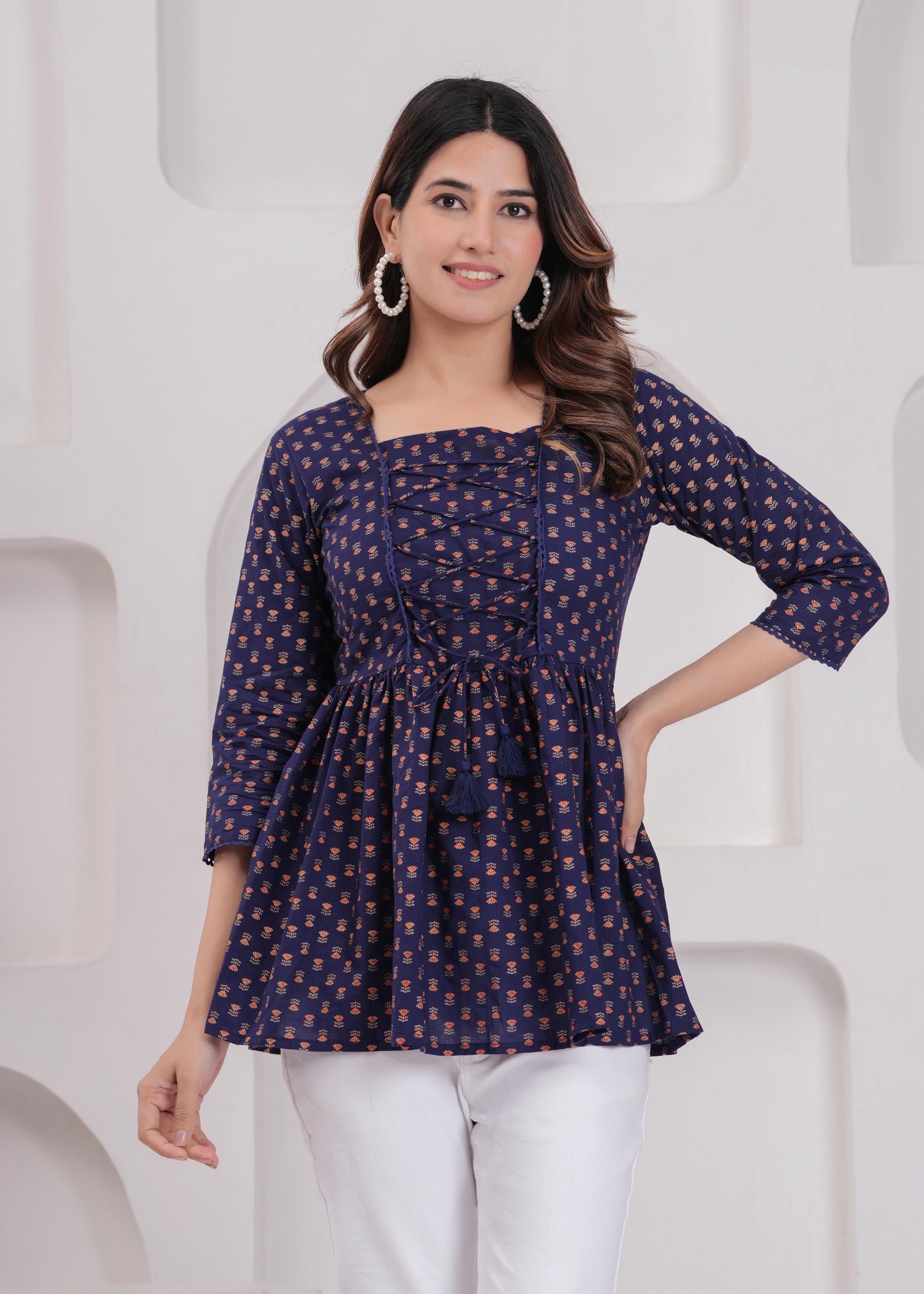 Women Navy Blue Printed Straight Top | LASVINI - Redefining Indian Fashion with Elegance