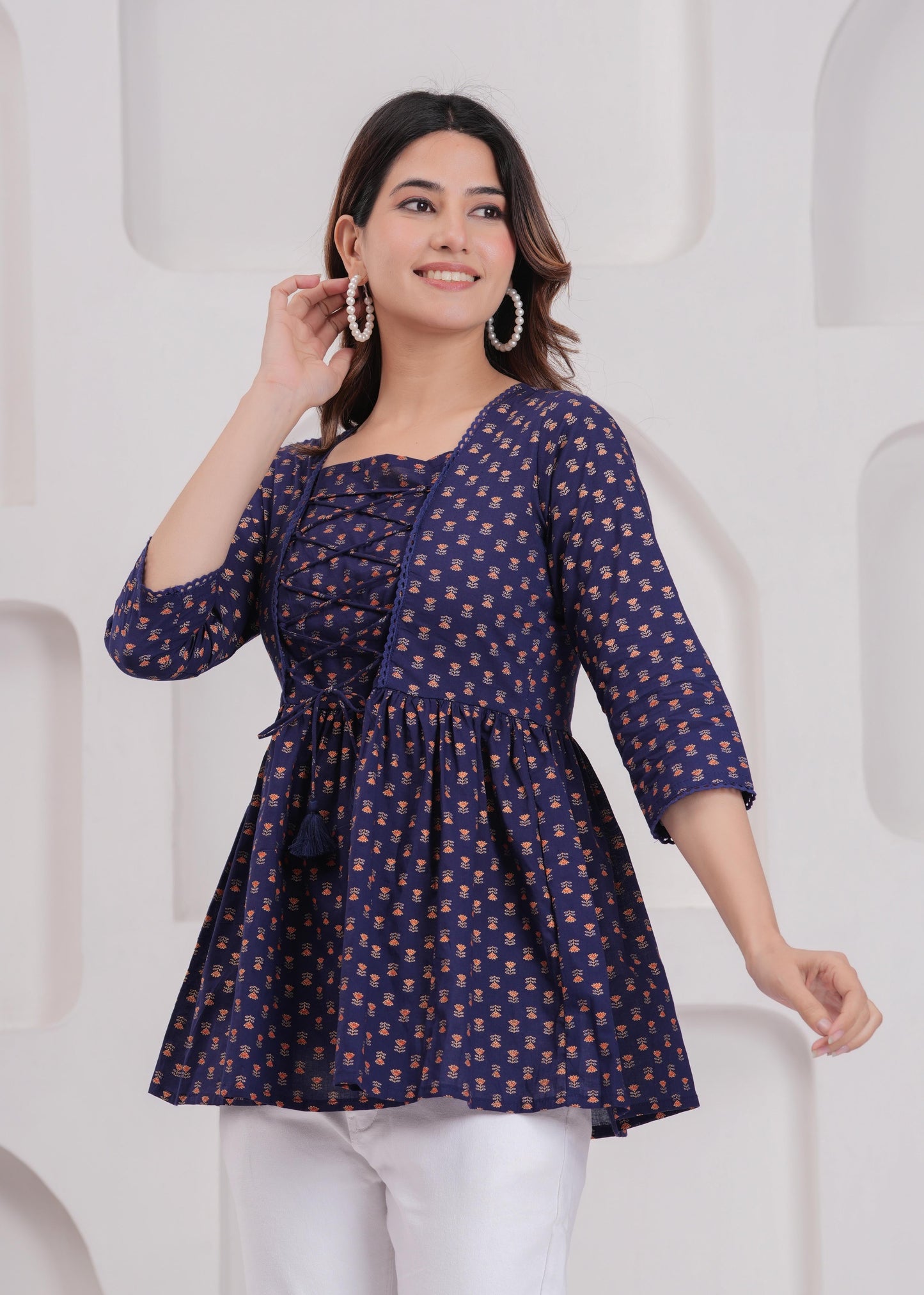 Women Navy Blue Printed Straight Top | LASVINI - Redefining Indian Fashion with Elegance