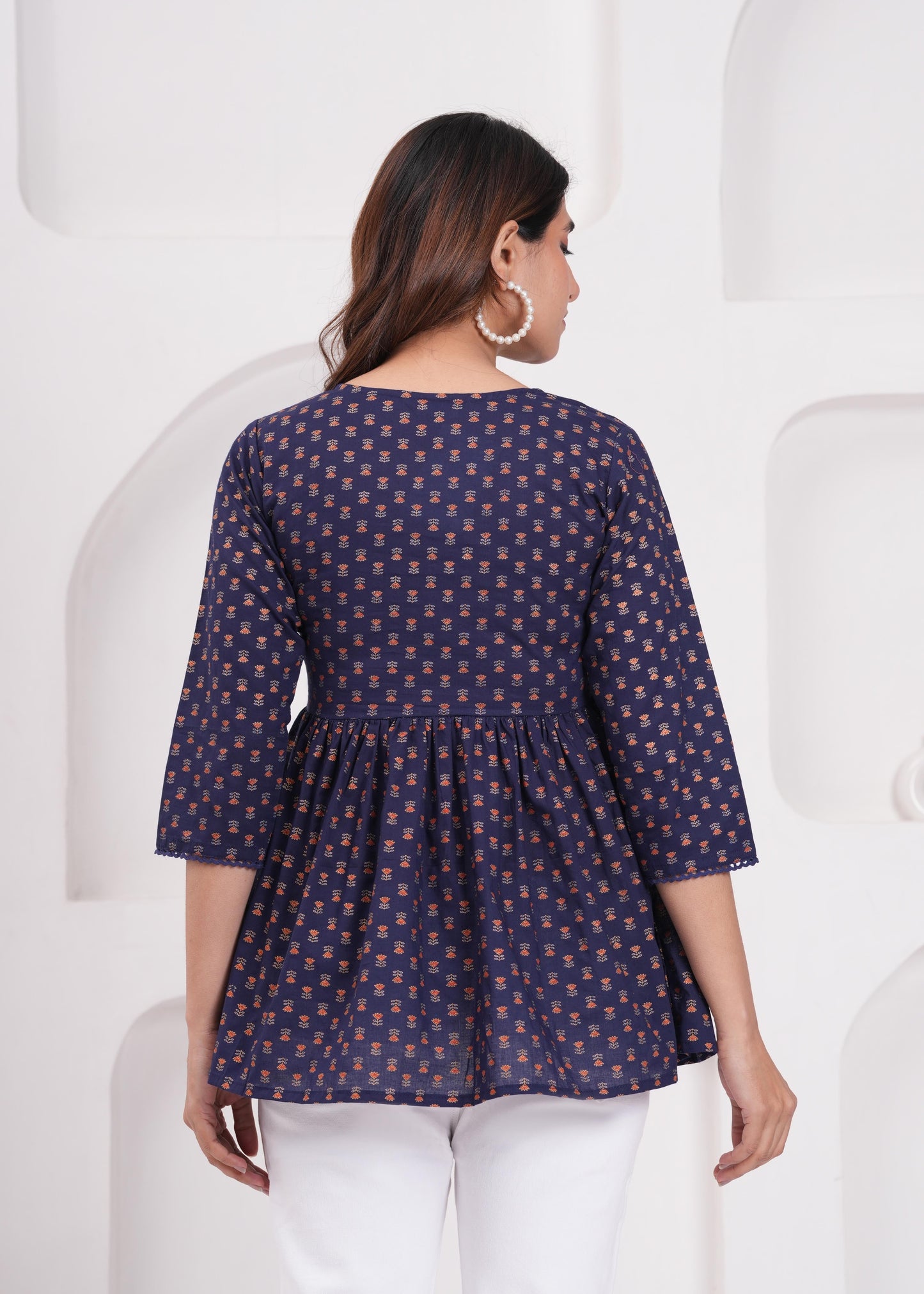 Women Navy Blue Printed Straight Top | LASVINI - Redefining Indian Fashion with Elegance