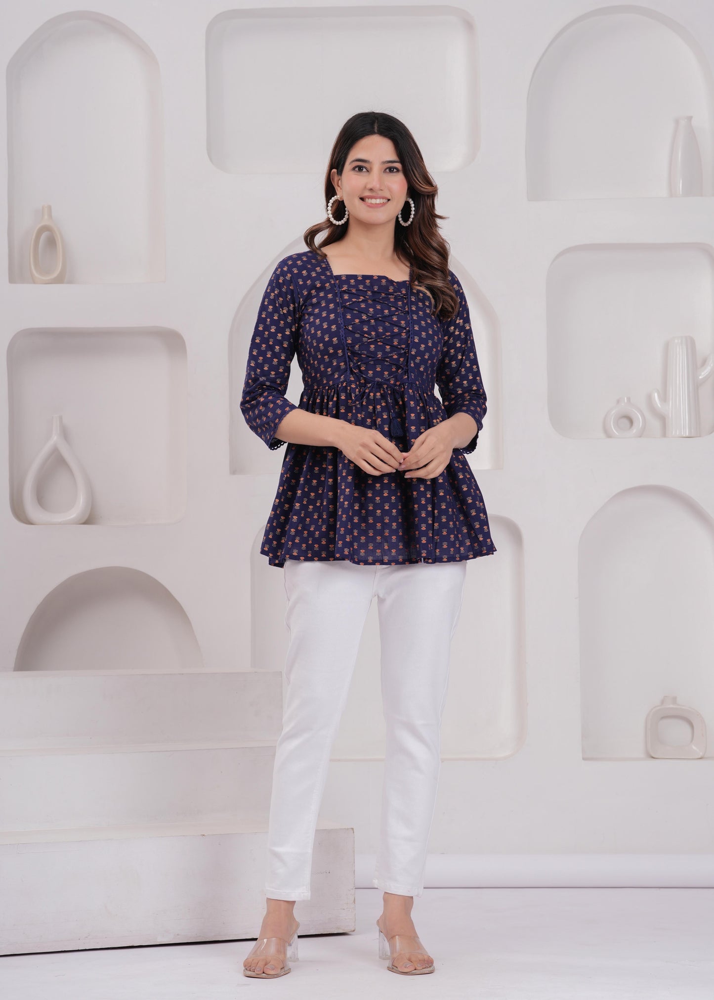 Women Navy Blue Printed Straight Top | LASVINI - Redefining Indian Fashion with Elegance