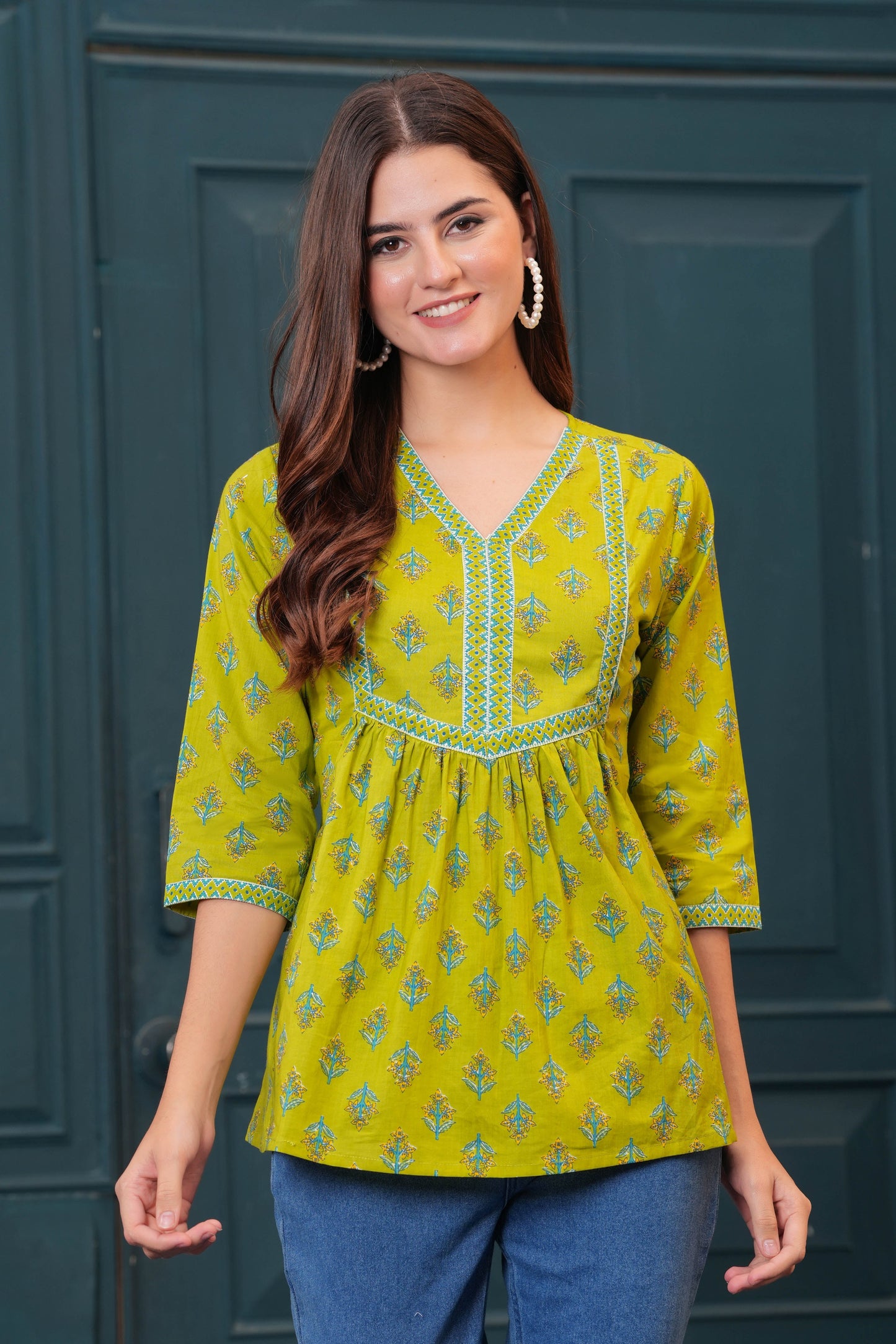 Women Green Printed Flared Top | LASVINI - Redefining Indian Fashion with Elegance