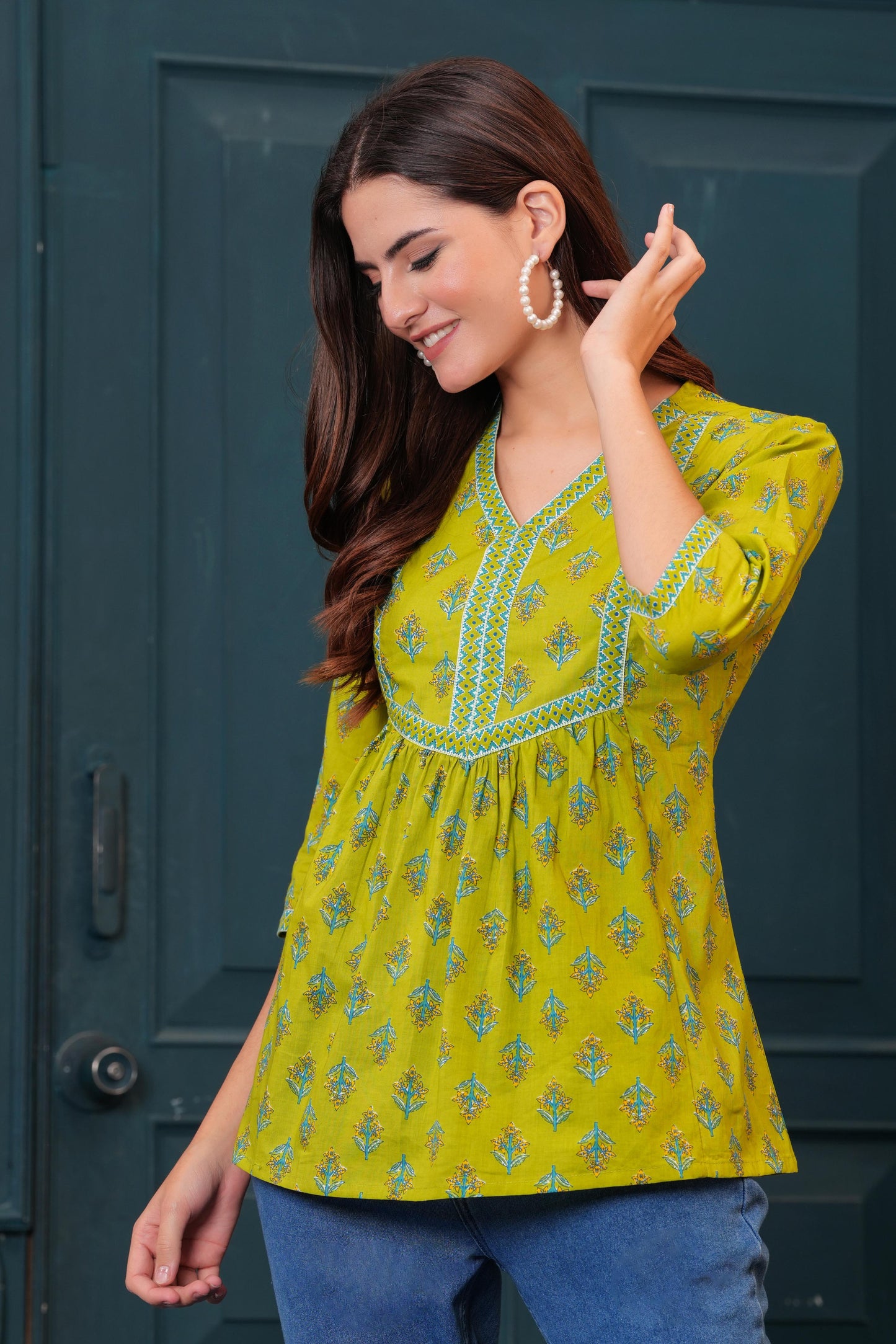 Women Green Printed Flared Top | LASVINI - Redefining Indian Fashion with Elegance