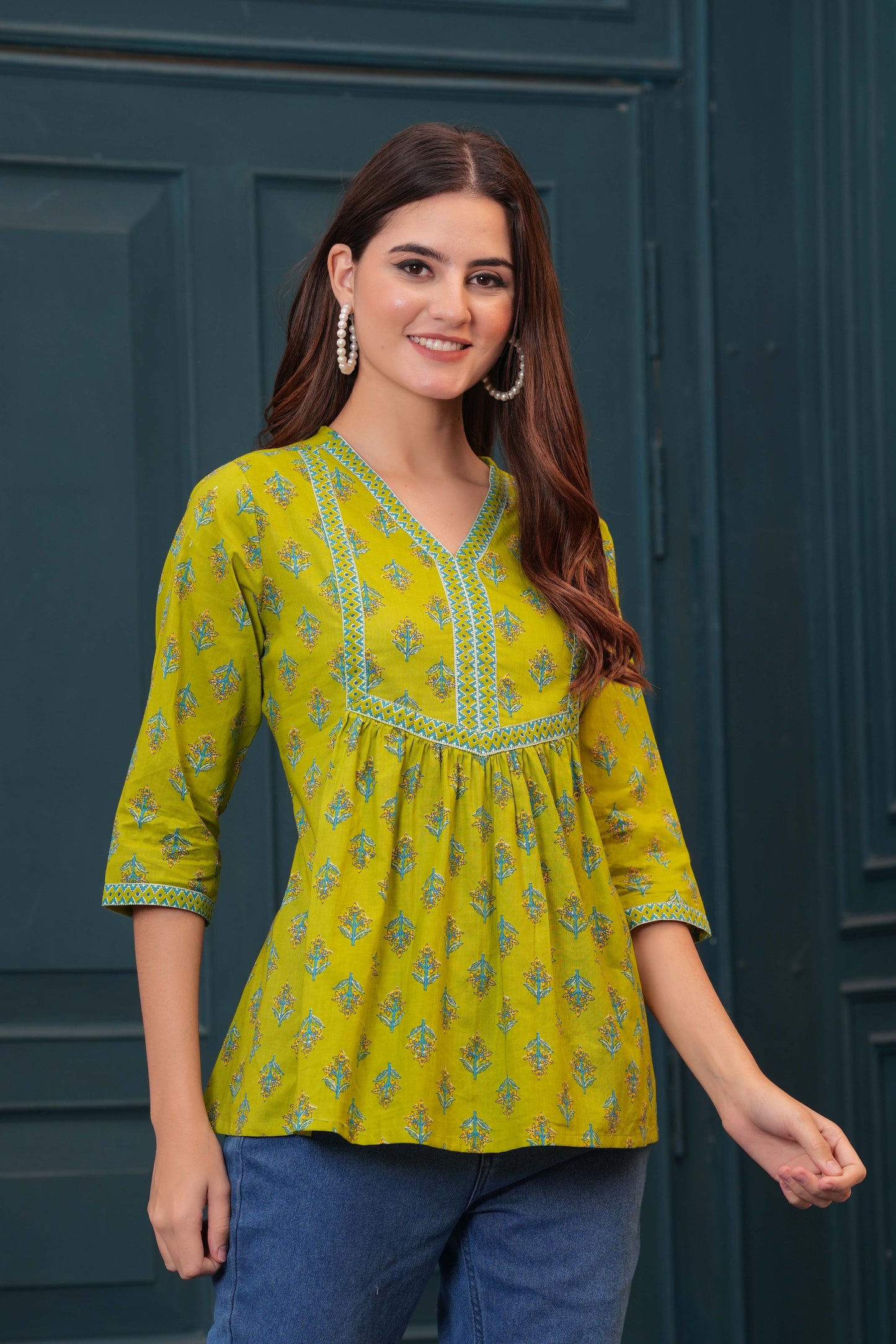 Women Green Printed Flared Top | LASVINI - Redefining Indian Fashion with Elegance