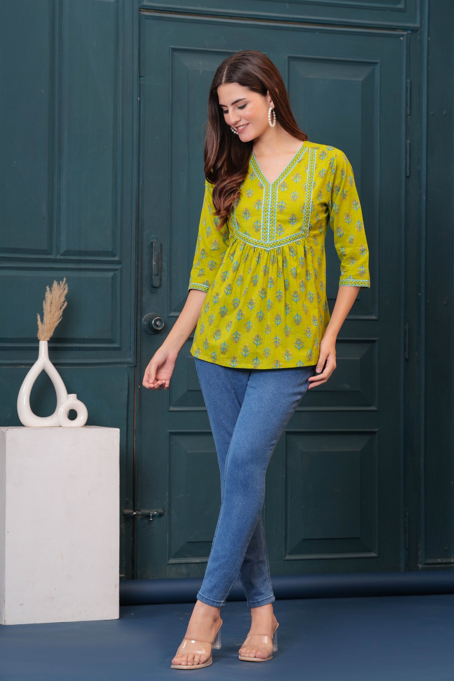 Women Green Printed Flared Top | LASVINI - Redefining Indian Fashion with Elegance