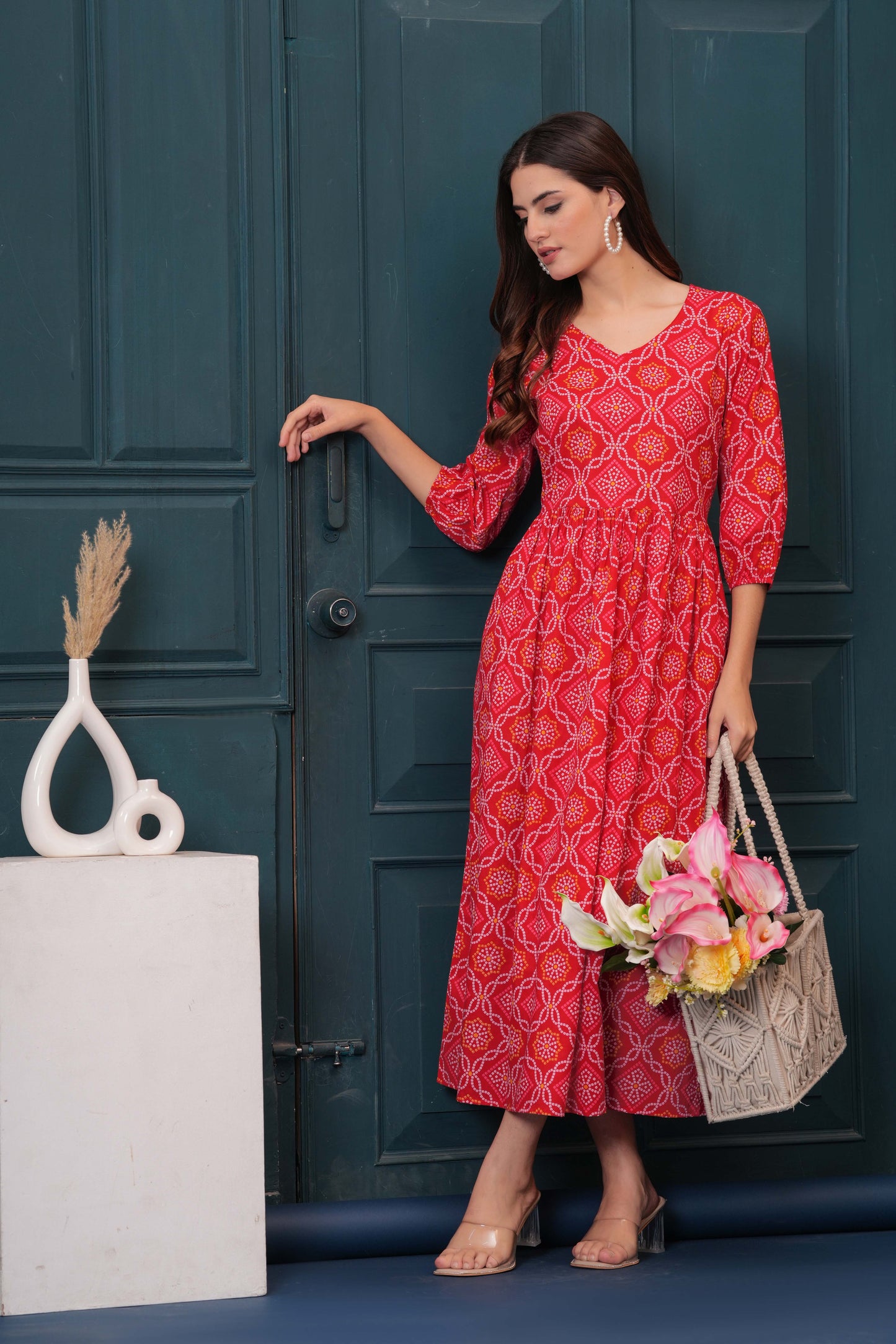 Red Bandhani Printed Flared Dress for Women | LASVINI - Redefining Indian Fashion with Elegance