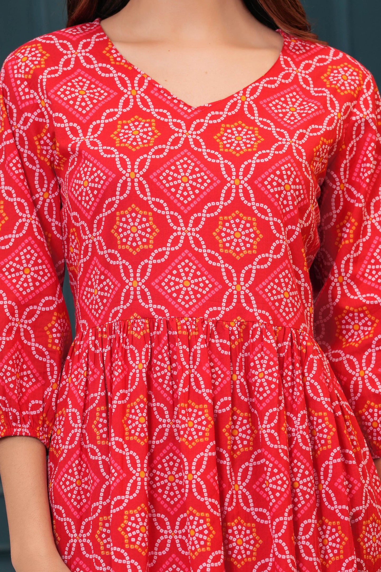 Red Bandhani Printed Flared Dress for Women | LASVINI - Redefining Indian Fashion with Elegance