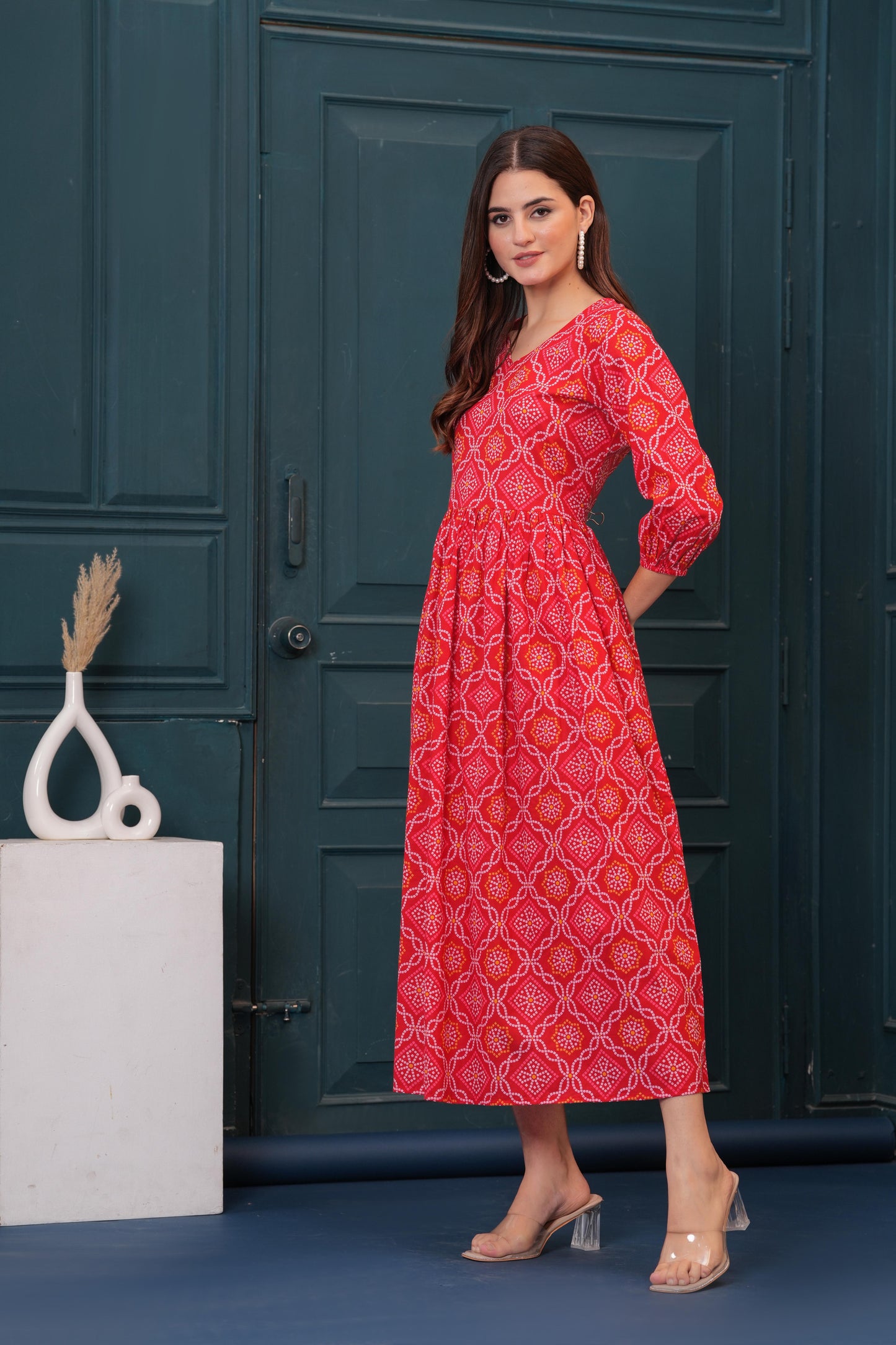 Red Bandhani Printed Flared Dress for Women | LASVINI - Redefining Indian Fashion with Elegance