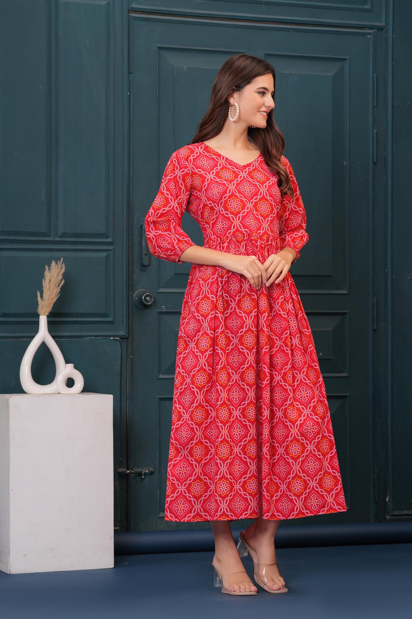 Red Bandhani Printed Flared Dress for Women | LASVINI - Redefining Indian Fashion with Elegance