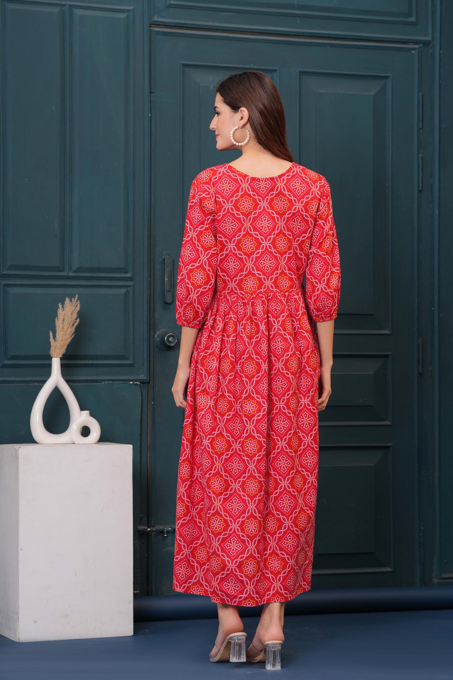 Red Bandhani Printed Flared Dress for Women | LASVINI - Redefining Indian Fashion with Elegance