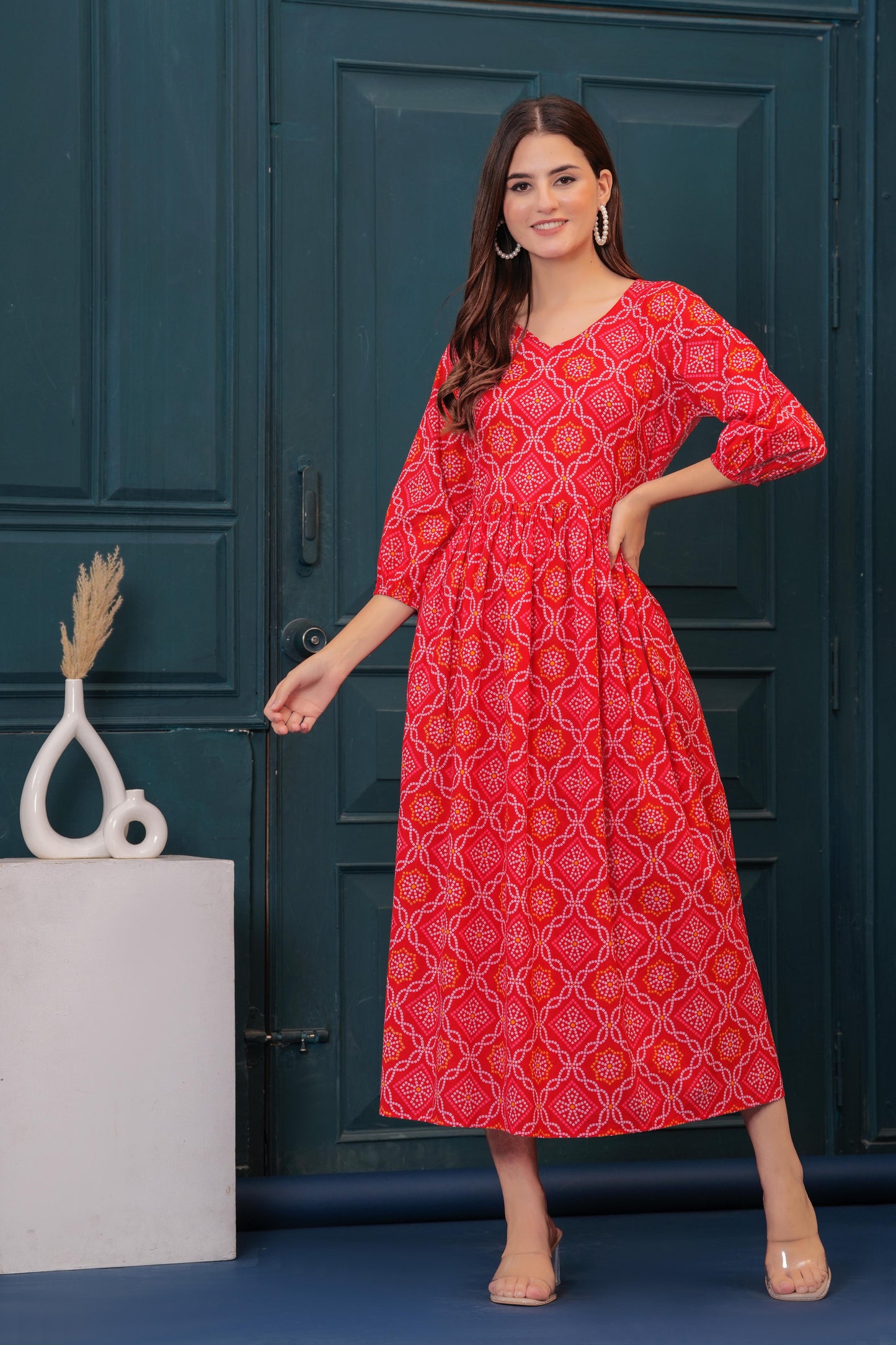 Red Bandhani Printed Flared Dress for Women | LASVINI - Redefining Indian Fashion with Elegance