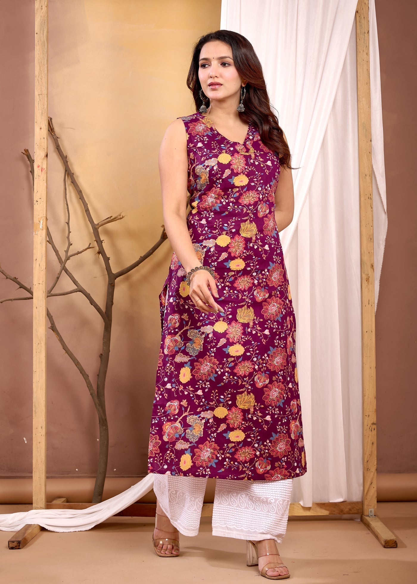 Burgundy Floral Printed Straight Sleeveless Kurta for Women | LASVINI - Redefining Indian Fashion with Elegance