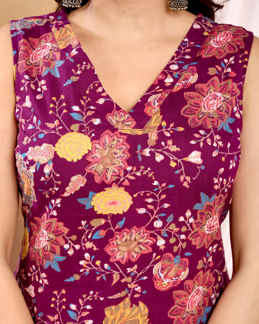 Burgundy Floral Printed Straight Sleeveless Kurta for Women | LASVINI - Redefining Indian Fashion with Elegance