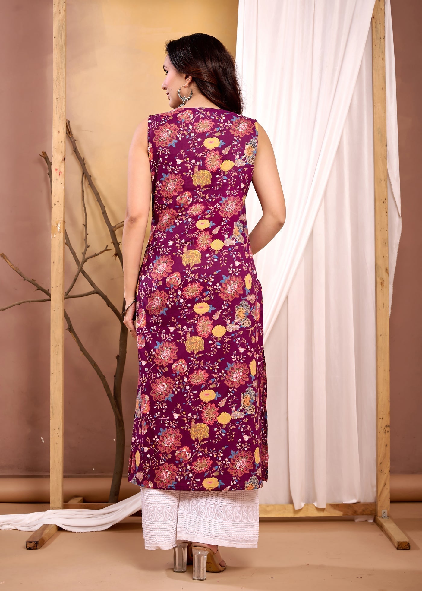 Burgundy Floral Printed Straight Sleeveless Kurta for Women | LASVINI - Redefining Indian Fashion with Elegance