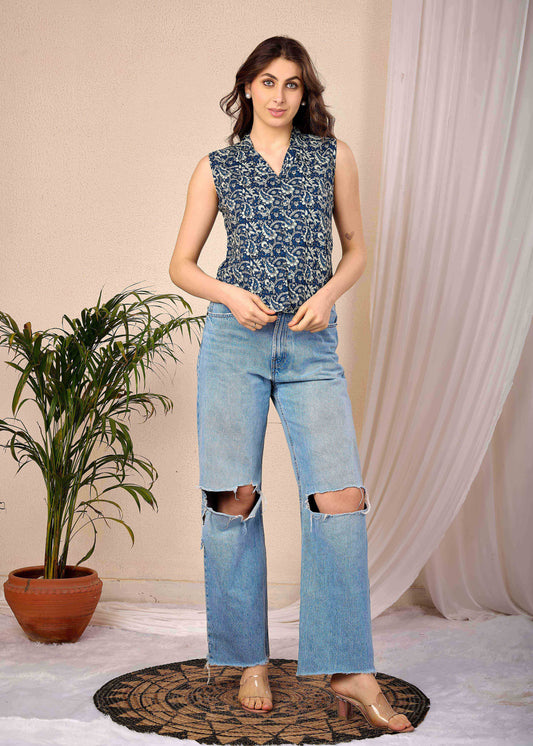 Women Blue Printed Straight Top | LASVINI - Redefining Indian Fashion with Elegance